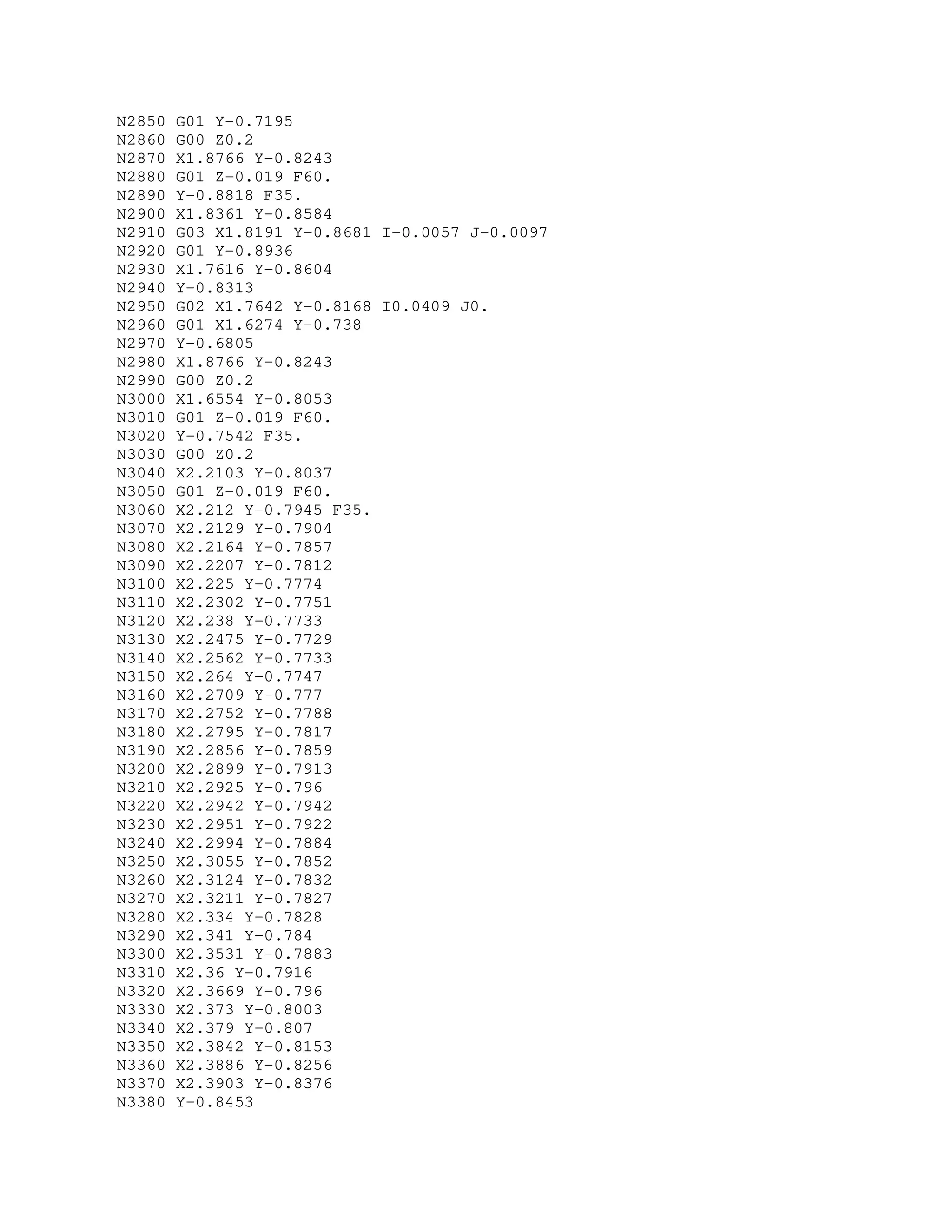 N2850 G01 Y-0.7195
N2860 G00 Z0.2
N2870 X1.8766 Y-0.8243
N2880 G01 Z-0.019 F60.
N2890 Y-0.8818 F35.
N2900 X1.8361 Y-0.8584
N2910 G03 X1.8191 Y-0.8681 I-0.0057 J-0.0097
N2920 G01 Y-0.8936
N2930 X1.7616 Y-0.8604
N2940 Y-0.8313
N2950 G02 X1.7642 Y-0.8168 I0.0409 J0.
N2960 G01 X1.6274 Y-0.738
N2970 Y-0.6805
N2980 X1.8766 Y-0.8243
N2990 G00 Z0.2
N3000 X1.6554 Y-0.8053
N3010 G01 Z-0.019 F60.
N3020 Y-0.7542 F35.
N3030 G00 Z0.2
N3040 X2.2103 Y-0.8037
N3050 G01 Z-0.019 F60.
N3060 X2.212 Y-0.7945 F35.
N3070 X2.2129 Y-0.7904
N3080 X2.2164 Y-0.7857
N3090 X2.2207 Y-0.7812
N3100 X2.225 Y-0.7774
N3110 X2.2302 Y-0.7751
N3120 X2.238 Y-0.7733
N3130 X2.2475 Y-0.7729
N3140 X2.2562 Y-0.7733
N3150 X2.264 Y-0.7747
N3160 X2.2709 Y-0.777
N3170 X2.2752 Y-0.7788
N3180 X2.2795 Y-0.7817
N3190 X2.2856 Y-0.7859
N3200 X2.2899 Y-0.7913
N3210 X2.2925 Y-0.796
N3220 X2.2942 Y-0.7942
N3230 X2.2951 Y-0.7922
N3240 X2.2994 Y-0.7884
N3250 X2.3055 Y-0.7852
N3260 X2.3124 Y-0.7832
N3270 X2.3211 Y-0.7827
N3280 X2.334 Y-0.7828
N3290 X2.341 Y-0.784
N3300 X2.3531 Y-0.7883
N3310 X2.36 Y-0.7916
N3320 X2.3669 Y-0.796
N3330 X2.373 Y-0.8003
N3340 X2.379 Y-0.807
N3350 X2.3842 Y-0.8153
N3360 X2.3886 Y-0.8256
N3370 X2.3903 Y-0.8376
N3380 Y-0.8453
 