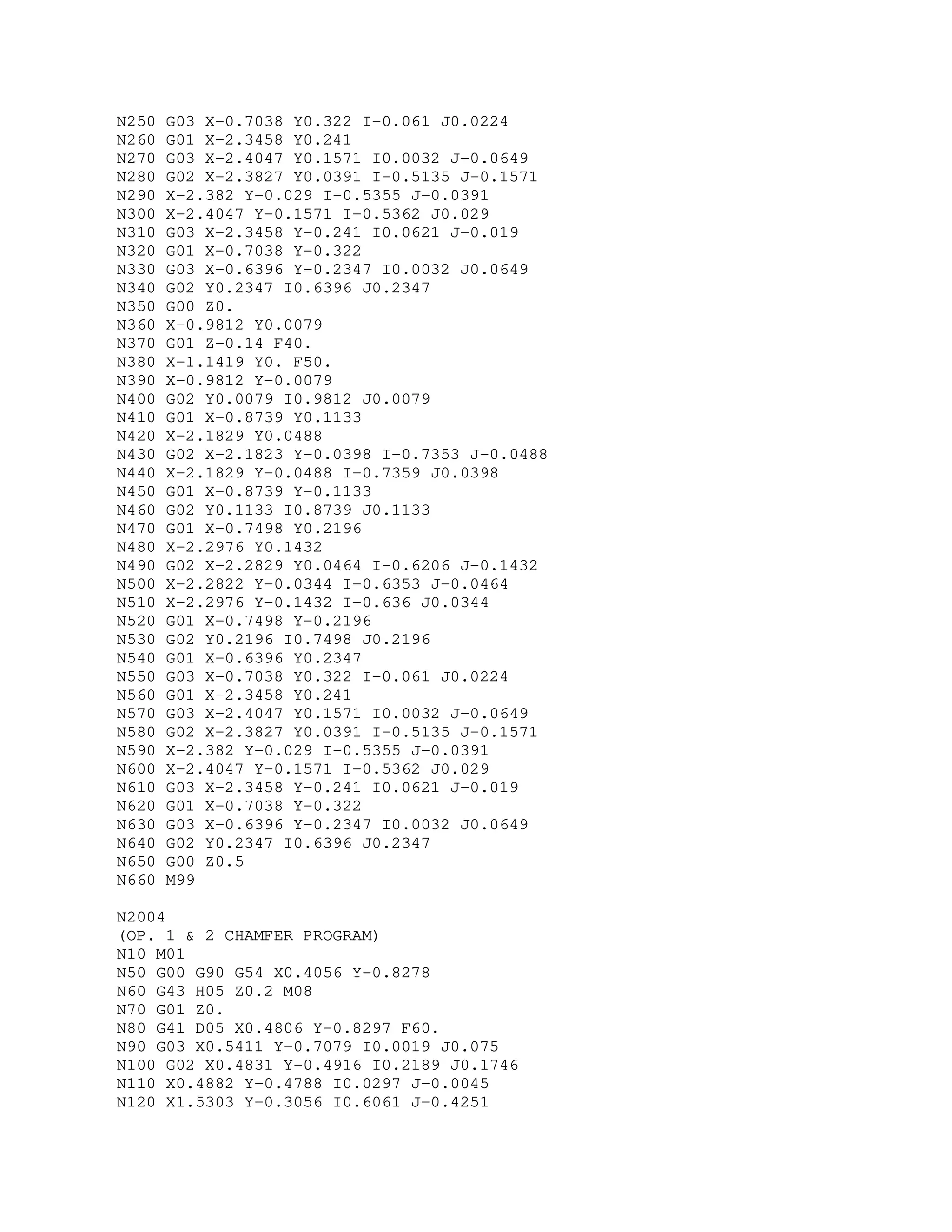 N250 G03 X-0.7038 Y0.322 I-0.061 J0.0224
N260 G01 X-2.3458 Y0.241
N270 G03 X-2.4047 Y0.1571 I0.0032 J-0.0649
N280 G02 X-2.3827 Y0.0391 I-0.5135 J-0.1571
N290 X-2.382 Y-0.029 I-0.5355 J-0.0391
N300 X-2.4047 Y-0.1571 I-0.5362 J0.029
N310 G03 X-2.3458 Y-0.241 I0.0621 J-0.019
N320 G01 X-0.7038 Y-0.322
N330 G03 X-0.6396 Y-0.2347 I0.0032 J0.0649
N340 G02 Y0.2347 I0.6396 J0.2347
N350 G00 Z0.
N360 X-0.9812 Y0.0079
N370 G01 Z-0.14 F40.
N380 X-1.1419 Y0. F50.
N390 X-0.9812 Y-0.0079
N400 G02 Y0.0079 I0.9812 J0.0079
N410 G01 X-0.8739 Y0.1133
N420 X-2.1829 Y0.0488
N430 G02 X-2.1823 Y-0.0398 I-0.7353 J-0.0488
N440 X-2.1829 Y-0.0488 I-0.7359 J0.0398
N450 G01 X-0.8739 Y-0.1133
N460 G02 Y0.1133 I0.8739 J0.1133
N470 G01 X-0.7498 Y0.2196
N480 X-2.2976 Y0.1432
N490 G02 X-2.2829 Y0.0464 I-0.6206 J-0.1432
N500 X-2.2822 Y-0.0344 I-0.6353 J-0.0464
N510 X-2.2976 Y-0.1432 I-0.636 J0.0344
N520 G01 X-0.7498 Y-0.2196
N530 G02 Y0.2196 I0.7498 J0.2196
N540 G01 X-0.6396 Y0.2347
N550 G03 X-0.7038 Y0.322 I-0.061 J0.0224
N560 G01 X-2.3458 Y0.241
N570 G03 X-2.4047 Y0.1571 I0.0032 J-0.0649
N580 G02 X-2.3827 Y0.0391 I-0.5135 J-0.1571
N590 X-2.382 Y-0.029 I-0.5355 J-0.0391
N600 X-2.4047 Y-0.1571 I-0.5362 J0.029
N610 G03 X-2.3458 Y-0.241 I0.0621 J-0.019
N620 G01 X-0.7038 Y-0.322
N630 G03 X-0.6396 Y-0.2347 I0.0032 J0.0649
N640 G02 Y0.2347 I0.6396 J0.2347
N650 G00 Z0.5
N660 M99
N2004
(OP. 1 & 2 CHAMFER PROGRAM)
N10 M01
N50 G00 G90 G54 X0.4056 Y-0.8278
N60 G43 H05 Z0.2 M08
N70 G01 Z0.
N80 G41 D05 X0.4806 Y-0.8297 F60.
N90 G03 X0.5411 Y-0.7079 I0.0019 J0.075
N100 G02 X0.4831 Y-0.4916 I0.2189 J0.1746
N110 X0.4882 Y-0.4788 I0.0297 J-0.0045
N120 X1.5303 Y-0.3056 I0.6061 J-0.4251
 