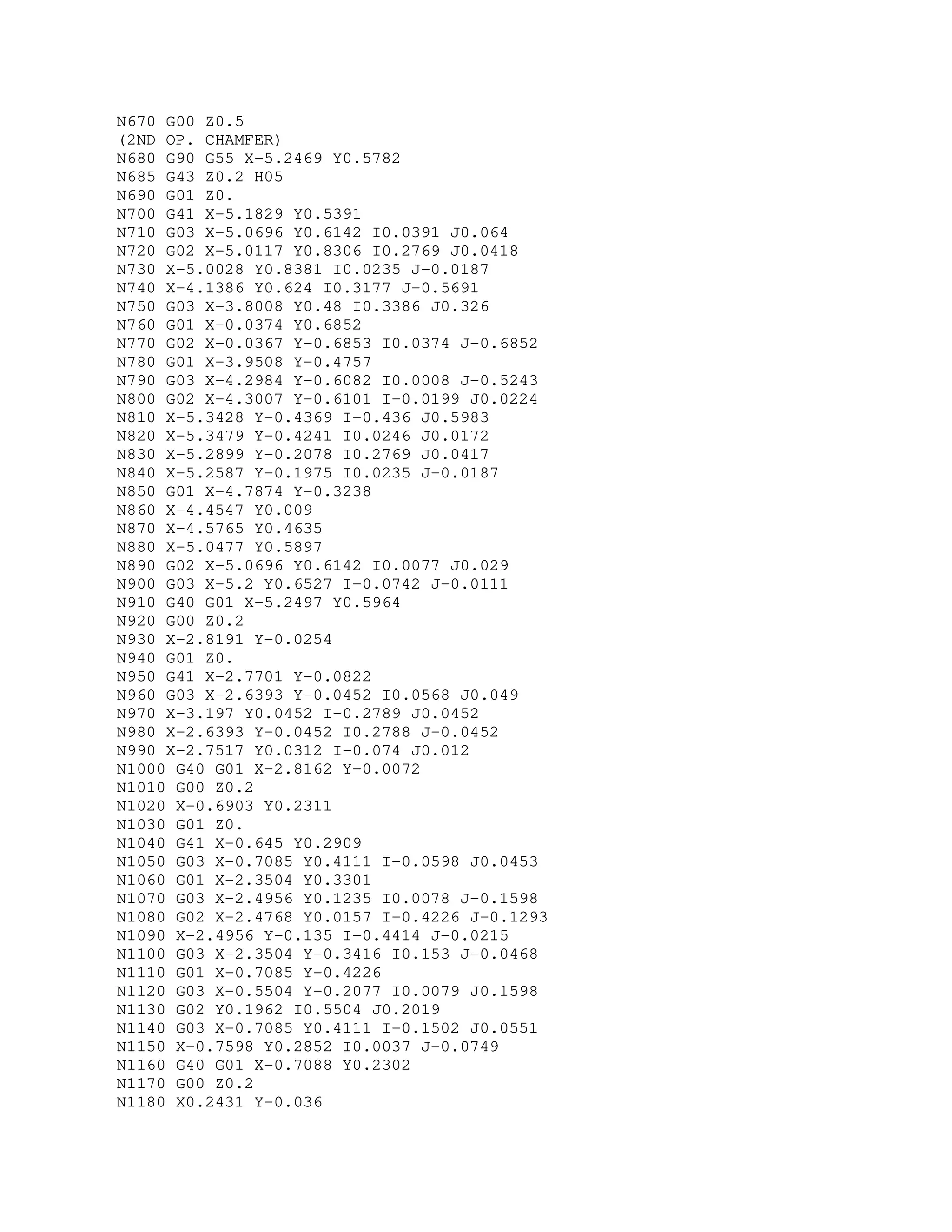 N670 G00 Z0.5
(2ND OP. CHAMFER)
N680 G90 G55 X-5.2469 Y0.5782
N685 G43 Z0.2 H05
N690 G01 Z0.
N700 G41 X-5.1829 Y0.5391
N710 G03 X-5.0696 Y0.6142 I0.0391 J0.064
N720 G02 X-5.0117 Y0.8306 I0.2769 J0.0418
N730 X-5.0028 Y0.8381 I0.0235 J-0.0187
N740 X-4.1386 Y0.624 I0.3177 J-0.5691
N750 G03 X-3.8008 Y0.48 I0.3386 J0.326
N760 G01 X-0.0374 Y0.6852
N770 G02 X-0.0367 Y-0.6853 I0.0374 J-0.6852
N780 G01 X-3.9508 Y-0.4757
N790 G03 X-4.2984 Y-0.6082 I0.0008 J-0.5243
N800 G02 X-4.3007 Y-0.6101 I-0.0199 J0.0224
N810 X-5.3428 Y-0.4369 I-0.436 J0.5983
N820 X-5.3479 Y-0.4241 I0.0246 J0.0172
N830 X-5.2899 Y-0.2078 I0.2769 J0.0417
N840 X-5.2587 Y-0.1975 I0.0235 J-0.0187
N850 G01 X-4.7874 Y-0.3238
N860 X-4.4547 Y0.009
N870 X-4.5765 Y0.4635
N880 X-5.0477 Y0.5897
N890 G02 X-5.0696 Y0.6142 I0.0077 J0.029
N900 G03 X-5.2 Y0.6527 I-0.0742 J-0.0111
N910 G40 G01 X-5.2497 Y0.5964
N920 G00 Z0.2
N930 X-2.8191 Y-0.0254
N940 G01 Z0.
N950 G41 X-2.7701 Y-0.0822
N960 G03 X-2.6393 Y-0.0452 I0.0568 J0.049
N970 X-3.197 Y0.0452 I-0.2789 J0.0452
N980 X-2.6393 Y-0.0452 I0.2788 J-0.0452
N990 X-2.7517 Y0.0312 I-0.074 J0.012
N1000 G40 G01 X-2.8162 Y-0.0072
N1010 G00 Z0.2
N1020 X-0.6903 Y0.2311
N1030 G01 Z0.
N1040 G41 X-0.645 Y0.2909
N1050 G03 X-0.7085 Y0.4111 I-0.0598 J0.0453
N1060 G01 X-2.3504 Y0.3301
N1070 G03 X-2.4956 Y0.1235 I0.0078 J-0.1598
N1080 G02 X-2.4768 Y0.0157 I-0.4226 J-0.1293
N1090 X-2.4956 Y-0.135 I-0.4414 J-0.0215
N1100 G03 X-2.3504 Y-0.3416 I0.153 J-0.0468
N1110 G01 X-0.7085 Y-0.4226
N1120 G03 X-0.5504 Y-0.2077 I0.0079 J0.1598
N1130 G02 Y0.1962 I0.5504 J0.2019
N1140 G03 X-0.7085 Y0.4111 I-0.1502 J0.0551
N1150 X-0.7598 Y0.2852 I0.0037 J-0.0749
N1160 G40 G01 X-0.7088 Y0.2302
N1170 G00 Z0.2
N1180 X0.2431 Y-0.036
 