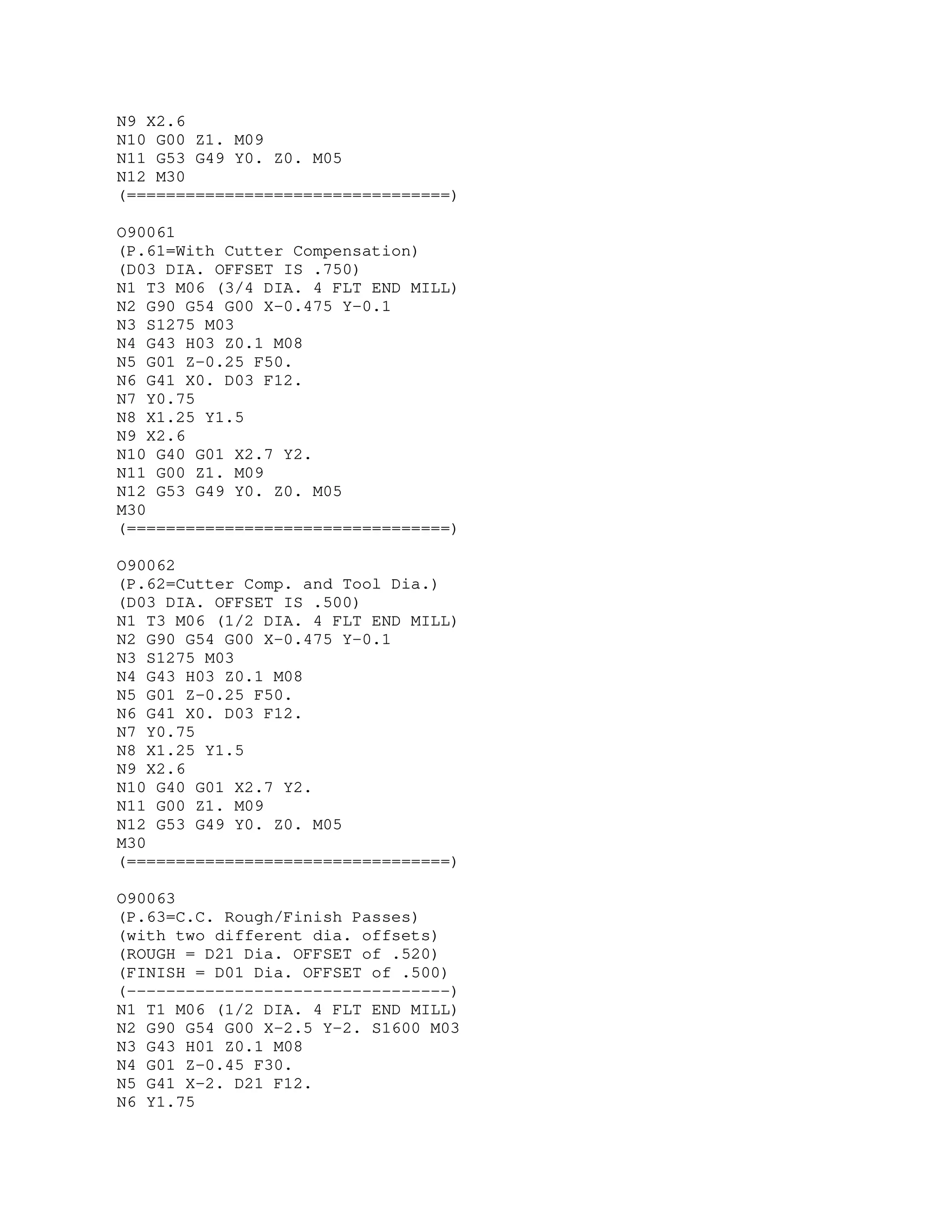 N9 X2.6
N10 G00 Z1. M09
N11 G53 G49 Y0. Z0. M05
N12 M30
(=================================)
O90061
(P.61=With Cutter Compensation)
(D03 DIA. OFFSET IS .750)
N1 T3 M06 (3/4 DIA. 4 FLT END MILL)
N2 G90 G54 G00 X-0.475 Y-0.1
N3 S1275 M03
N4 G43 H03 Z0.1 M08
N5 G01 Z-0.25 F50.
N6 G41 X0. D03 F12.
N7 Y0.75
N8 X1.25 Y1.5
N9 X2.6
N10 G40 G01 X2.7 Y2.
N11 G00 Z1. M09
N12 G53 G49 Y0. Z0. M05
M30
(=================================)
O90062
(P.62=Cutter Comp. and Tool Dia.)
(D03 DIA. OFFSET IS .500)
N1 T3 M06 (1/2 DIA. 4 FLT END MILL)
N2 G90 G54 G00 X-0.475 Y-0.1
N3 S1275 M03
N4 G43 H03 Z0.1 M08
N5 G01 Z-0.25 F50.
N6 G41 X0. D03 F12.
N7 Y0.75
N8 X1.25 Y1.5
N9 X2.6
N10 G40 G01 X2.7 Y2.
N11 G00 Z1. M09
N12 G53 G49 Y0. Z0. M05
M30
(=================================)
O90063
(P.63=C.C. Rough/Finish Passes)
(with two different dia. offsets)
(ROUGH = D21 Dia. OFFSET of .520)
(FINISH = D01 Dia. OFFSET of .500)
(---------------------------------)
N1 T1 M06 (1/2 DIA. 4 FLT END MILL)
N2 G90 G54 G00 X-2.5 Y-2. S1600 M03
N3 G43 H01 Z0.1 M08
N4 G01 Z-0.45 F30.
N5 G41 X-2. D21 F12.
N6 Y1.75
 