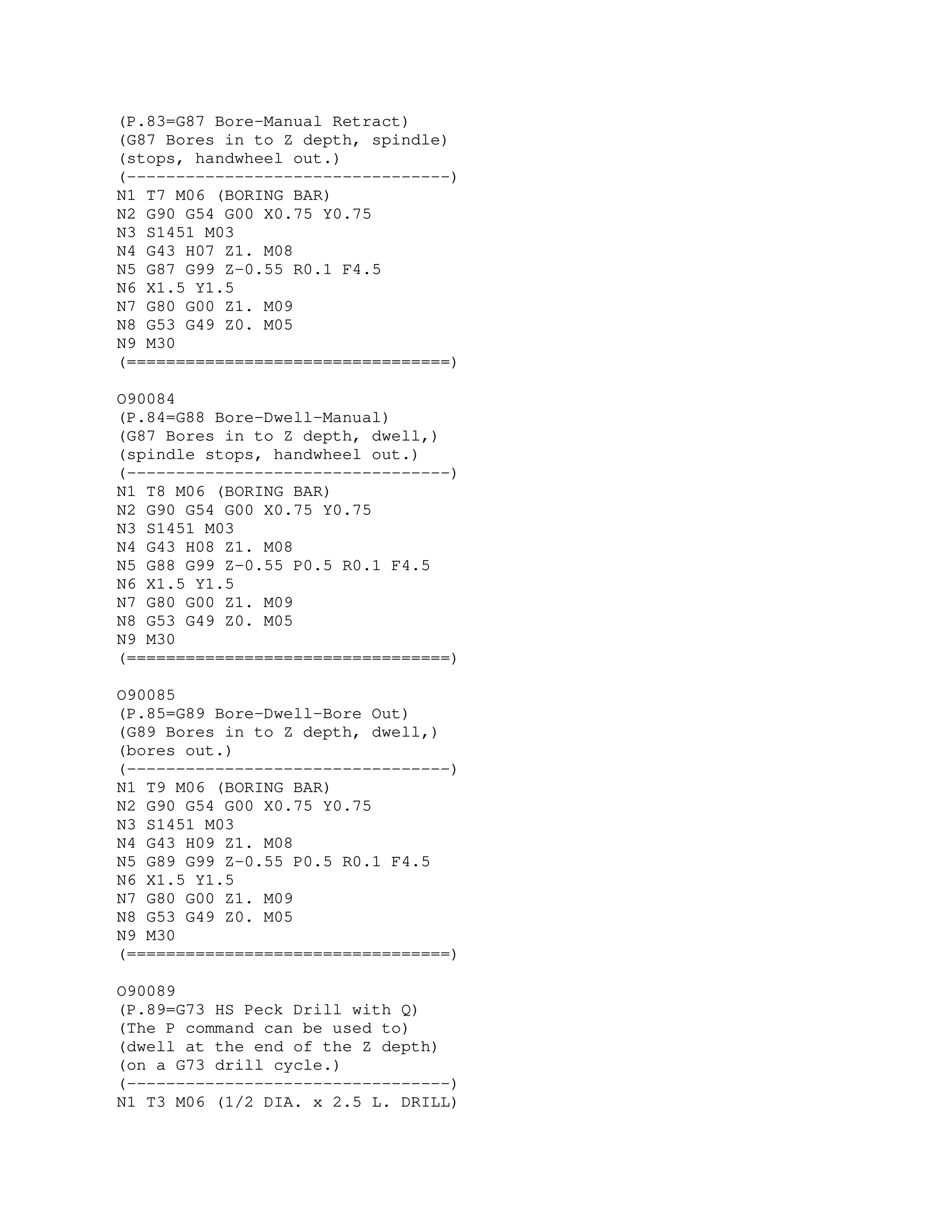 (P.83=G87 Bore-Manual Retract)
(G87 Bores in to Z depth, spindle)
(stops, handwheel out.)
(---------------------------------)
N1 T7 M06 (BORING BAR)
N2 G90 G54 G00 X0.75 Y0.75
N3 S1451 M03
N4 G43 H07 Z1. M08
N5 G87 G99 Z-0.55 R0.1 F4.5
N6 X1.5 Y1.5
N7 G80 G00 Z1. M09
N8 G53 G49 Z0. M05
N9 M30
(=================================)
O90084
(P.84=G88 Bore-Dwell-Manual)
(G87 Bores in to Z depth, dwell,)
(spindle stops, handwheel out.)
(---------------------------------)
N1 T8 M06 (BORING BAR)
N2 G90 G54 G00 X0.75 Y0.75
N3 S1451 M03
N4 G43 H08 Z1. M08
N5 G88 G99 Z-0.55 P0.5 R0.1 F4.5
N6 X1.5 Y1.5
N7 G80 G00 Z1. M09
N8 G53 G49 Z0. M05
N9 M30
(=================================)
O90085
(P.85=G89 Bore-Dwell-Bore Out)
(G89 Bores in to Z depth, dwell,)
(bores out.)
(---------------------------------)
N1 T9 M06 (BORING BAR)
N2 G90 G54 G00 X0.75 Y0.75
N3 S1451 M03
N4 G43 H09 Z1. M08
N5 G89 G99 Z-0.55 P0.5 R0.1 F4.5
N6 X1.5 Y1.5
N7 G80 G00 Z1. M09
N8 G53 G49 Z0. M05
N9 M30
(=================================)
O90089
(P.89=G73 HS Peck Drill with Q)
(The P command can be used to)
(dwell at the end of the Z depth)
(on a G73 drill cycle.)
(---------------------------------)
N1 T3 M06 (1/2 DIA. x 2.5 L. DRILL)
 