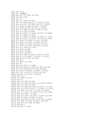 N670 G00 Z0.5
(2ND OP. CHAMFER)
N680 G90 G55 X-5.2469 Y0.5782
N685 G43 Z0.2 H05
N690 G01 Z0.
N700 G41 X-5.1829 Y0.5391
N710 G03 X-5.0696 Y0.6142 I0.0391 J0.064
N720 G02 X-5.0117 Y0.8306 I0.2769 J0.0418
N730 X-5.0028 Y0.8381 I0.0235 J-0.0187
N740 X-4.1386 Y0.624 I0.3177 J-0.5691
N750 G03 X-3.8008 Y0.48 I0.3386 J0.326
N760 G01 X-0.0374 Y0.6852
N770 G02 X-0.0367 Y-0.6853 I0.0374 J-0.6852
N780 G01 X-3.9508 Y-0.4757
N790 G03 X-4.2984 Y-0.6082 I0.0008 J-0.5243
N800 G02 X-4.3007 Y-0.6101 I-0.0199 J0.0224
N810 X-5.3428 Y-0.4369 I-0.436 J0.5983
N820 X-5.3479 Y-0.4241 I0.0246 J0.0172
N830 X-5.2899 Y-0.2078 I0.2769 J0.0417
N840 X-5.2587 Y-0.1975 I0.0235 J-0.0187
N850 G01 X-4.7874 Y-0.3238
N860 X-4.4547 Y0.009
N870 X-4.5765 Y0.4635
N880 X-5.0477 Y0.5897
N890 G02 X-5.0696 Y0.6142 I0.0077 J0.029
N900 G03 X-5.2 Y0.6527 I-0.0742 J-0.0111
N910 G40 G01 X-5.2497 Y0.5964
N920 G00 Z0.2
N930 X-2.8191 Y-0.0254
N940 G01 Z0.
N950 G41 X-2.7701 Y-0.0822
N960 G03 X-2.6393 Y-0.0452 I0.0568 J0.049
N970 X-3.197 Y0.0452 I-0.2789 J0.0452
N980 X-2.6393 Y-0.0452 I0.2788 J-0.0452
N990 X-2.7517 Y0.0312 I-0.074 J0.012
N1000 G40 G01 X-2.8162 Y-0.0072
N1010 G00 Z0.2
N1020 X-0.6903 Y0.2311
N1030 G01 Z0.
N1040 G41 X-0.645 Y0.2909
N1050 G03 X-0.7085 Y0.4111 I-0.0598 J0.0453
N1060 G01 X-2.3504 Y0.3301
N1070 G03 X-2.4956 Y0.1235 I0.0078 J-0.1598
N1080 G02 X-2.4768 Y0.0157 I-0.4226 J-0.1293
N1090 X-2.4956 Y-0.135 I-0.4414 J-0.0215
N1100 G03 X-2.3504 Y-0.3416 I0.153 J-0.0468
N1110 G01 X-0.7085 Y-0.4226
N1120 G03 X-0.5504 Y-0.2077 I0.0079 J0.1598
N1130 G02 Y0.1962 I0.5504 J0.2019
N1140 G03 X-0.7085 Y0.4111 I-0.1502 J0.0551
N1150 X-0.7598 Y0.2852 I0.0037 J-0.0749
N1160 G40 G01 X-0.7088 Y0.2302
N1170 G00 Z0.2
N1180 X0.2431 Y-0.036
 