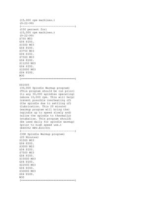 (15,000 rpm machines.)
(9-22-99)
(---------------------------------)
(150 percent for)
(15,000 rpm machines.)
(9-22-99)
S750 M03
G04 P200.
S1500 M03
G04 P200.
S3750 M03
G04 P200.
S7500 M03
G04 P200.
S11250 M03
G04 P200.
S15000 M03
G04 P200.
M30
(=================================)
O01005
(30,000 Spindle Warmup program)
(This program should be run prior)
(to any 30,000 spindles operating)
(above 10,000 rpm. This will help)
(revent possible overheating of)
(the spindle due to settling of)
(lubrication. This 20 minute)
(warmup program will bring the)
(spindle up to speed slowly and)
(allow the spindle to thermally)
(stabalize. This program should)
(be used daily for spindle warmup)
(prior to high speed use.)
(ES0352 REV.E10/03)
(---------------------------------)
(30K Spindle Warmup program)
(20 Minutes)
S1500 M03
G04 P200.
S3000 M03
G04 P200.
S7500 M03
G04 P200.
S15000 M03
G04 P200.
S22500 M03
G04 P200.
S30000 M03
G04 P200.
M30
(=================================)
 