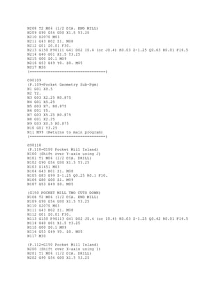 N208 T2 M06 (1/2 DIA. END MILL)
N209 G90 G54 G00 X1.5 Y3.25
N210 S2070 M03
N211 G43 H02 Z1. M08
N212 G01 Z0.01 F30.
N213 G150 P90111 G41 D02 I0.4 (or J0.4) K0.03 Z-1.25 Q0.63 R0.01 F16.5
N214 G40 G01 X1.5 Y3.25
N215 G00 Z0.1 M09
N216 G53 G49 Y0. Z0. M05
N217 M30
(=================================)
O90109
(P.109=Pocket Geometry Sub-Pgm)
N1 G01 X0.5
N2 Y2.
N3 G03 X2.25 R0.875
N4 G01 X5.25
N5 G03 X7. R0.875
N6 G01 Y5.
N7 G03 X5.25 R0.875
N8 G01 X2.25
N9 G03 X0.5 R0.875
N10 G01 Y3.25
N11 M99 (Returns to main program)
(=================================)
O90110
(P.110=G150 Pocket Mill Island)
N100 (Shift over Y-axis using J)
N101 T1 M06 (1/2 DIA. DRILL)
N102 G90 G54 G00 X1.5 Y3.25
N103 S1451 M03
N104 G43 H01 Z1. M08
N105 G83 G99 Z-1.25 Q0.25 R0.1 F10.
N106 G80 G00 Z1. M09
N107 G53 G49 Z0. M05
(G150 POCKET MILL TWO CUTS DOWN)
N108 T2 M06 (1/2 DIA. END MILL)
N109 G90 G54 G00 X1.5 Y3.25
N110 S2070 M03
N111 G43 H02 Z1. M08
N112 G01 Z0.01 F30.
N113 G150 P90113 G41 D02 J0.4 (or I0.4) K0.03 Z-1.25 Q0.42 R0.01 F16.5
N114 G40 G01 X1.5 Y3.25
N115 G00 Z0.1 M09
N116 G53 G49 Y0. Z0. M05
N117 M30
(P.112=G150 Pocket Mill Island)
N200 (Shift over X-axis using I)
N201 T1 M06 (1/2 DIA. DRILL)
N202 G90 G54 G00 X1.5 Y3.25
 
