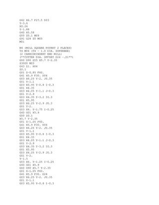 G42 X6.7 F27.5 D03
Y-3.6
X0.26
Y-1.88
G40 X5.58
G00 Z0.1 M09
G91 G28 Z0 M05
M01
N4 (MILL SQUARE POCKET 2 PLACES)
T4 M06 (T4 - 1.0 DIA. SUPERBEE)
(2 CARBIDEINSERT END MILL)
(**CUTTER DIA. OFFSET D24 -.01**)
G00 G90 G55 X5.7 Y-2.35
S3000 M03
G43 Z1. H04
Z0.1
G01 Z-0.85 F60.
G41 X5.9 F30. D04
G03 X6.25 Y-2. J0.35
G01 Y-1.1
G03 X5.95 Y-0.8 I-0.3
G01 X4.35
G03 X4.05 Y-1.1 J-0.3
G01 Y-2.9
G03 X4.35 Y-3.2 I0.3
G01 X5.95
G03 X6.25 Y-2.9 J0.3
G01 Y-2.
G03 X6. Y-1.75 I-0.25
G40 G01 X5.9
G00 Z0.1
X5.7 Y-2.35
G01 Z-1.05 F60.
G41 X5.9 F30. D04
G03 X6.25 Y-2. J0.35
G01 Y-1.1
G03 X5.95 Y-0.8 I-0.3
G01 X4.35
G03 X4.05 Y-1.1 J-0.3
G01 Y-2.9
G03 X4.35 Y-3.2 I0.3
G01 X5.95
G03 X6.25 Y-2.9 J0.3
G01 Y-2.
Y-1.5
G03 X6. Y-1.25 I-0.25
G40 G01 X5.9
G00 G90 X5.7 Y-2.35
G01 Z-1.05 F60.
G41 X5.9 F30. D24
G03 X6.25 Y-2. J0.35
G01 Y-1.1
G03 X5.95 Y-0.8 I-0.3
 