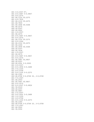 G01 Z-0.0337 F7.
G01 X-0.5687 Y-0.9857
G01 X-0.2275
G01 X0.1314 Y0.2275
G01 X-0.7835
G01 X0.1314 Y0.2275
G01 X0.7835
G01 X0.3058 Y0.5308
G01 X0.2275
G00 Z0.0337
G00 X0.2022
G01 Z-0.0337
G01 X0.2275
G01 X-0.5687 Y-0.9857
G01 X-0.2275
G01 X0.1314 Y0.2275
G01 X-0.1264
G01 X0.1314 Y0.2275
G01 X0.1264
G01 X0.3058 Y0.5308
G00 Z0.0337
G00 X0.3538
G01 Z-0.0337
G01 X0.2275
G01 X-0.5687 Y-0.9857
G01 X-0.2275
G01 X0.5687 Y0.9857
G00 Z0.0337
G00 X0.2591 Y-0.0505
G01 Z-0.0337
G01 X-0.1858 Y-0.3488
G01 Y-0.1314
G01 X-0.0758
G01 X-0.1314 Y-0.2275
G01 X0.1365
G02 X0.0708 Y-0.0708 I0. J-0.0708
G01 Y-0.1567
G01 X0.2553
G01 X0.5687 Y0.9857
G01 X-0.2275
G01 X-0.4107 Y-0.6824
G01 Y0.6319
G00 Z0.0337
G00 X0.6887
G01 Z-0.0337
G01 X-0.2022 Y-0.3488
G01 Y-0.1314
G01 X-0.0758
G01 X-0.1314 Y-0.2275
G01 X0.1365
G02 X0.0708 Y-0.0708 I0. J-0.0708
G01 Y-0.1567
G01 X0.2022
G01 Y0.9352
 