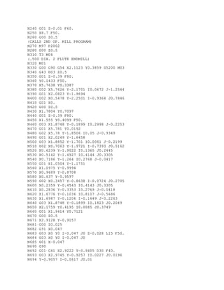 N240 G01 Z-0.01 F60.
N250 X8.7 F50.
N260 G00 Z0.5
(CALLS 2ND OP. MILL PROGRAM)
N270 M97 P2002
N280 G00 Z0.5
N310 T3 M06
(.500 DIA. 2 FLUTE ENDMILL)
N320 M01
N330 G00 G90 G54 X2.1123 Y0.3859 S5200 M03
N340 G43 H03 Z0.5
N350 G01 Z-0.39 F80.
N360 Y0.1433 F50.
N370 X5.7638 Y0.3387
N380 G02 X5.7626 Y-2.1701 I0.0672 J-1.2544
N390 G01 X2.0823 Y-1.9694
N400 G02 X0.5478 Y-2.2501 I-0.9364 J0.7846
N410 G01 X0.
N420 G00 Z0.5
N430 X1.7804 Y0.7097
N440 G01 Z-0.39 F80.
N450 X1.555 Y0.4099 F50.
N460 G03 X1.8748 Y-0.1899 I0.2998 J-0.2253
N470 G01 X5.781 Y0.0192
N480 G02 X5.78 Y-1.8506 I0.05 J-0.9349
N490 G01 X2.0249 Y-1.6458
N500 G03 X1.8852 Y-1.701 I0.0061 J-0.2199
N510 G02 X0.7063 Y-1.9721 I-0.7393 J0.5162
N520 X0.6239 Y-1.9022 I0.1365 J0.2445
N530 X0.5142 Y-1.4927 I0.4144 J0.3305
N540 X0.7186 Y-1.264 I0.2768 J-0.0417
N550 G01 X1.0504 Y-1.1751
N560 X1.0975 Y-0.9994
N570 X0.9689 Y-0.8708
N580 X0.637 Y-0.9597
N590 G02 X0.3457 Y-0.8638 I-0.0724 J0.2705
N600 X0.2359 Y-0.4543 I0.4143 J0.3305
N610 X0.2836 Y-0.3353 I0.2769 J-0.0418
N620 X1.6776 Y-0.1036 I0.8107 J-0.5686
N630 X1.6987 Y-0.1206 I-0.1649 J-0.2263
N640 G03 X1.8748 Y-0.1899 I0.1823 J0.2049
N650 X2.1759 Y0.4195 I0.0085 J0.3749
N660 G01 X1.9414 Y0.7121
N670 G00 Z0.5
N671 X2.9128 Y-0.9157
N681 G00 Z0.025
N682 G91 X0.047
N683 G03 X0 Y0 I-0.047 J0 Z-0.028 L15 F50.
N684 G03 X0 Y0 I-0.047 J0
N685 G01 X-0.047
N690 G90
N692 G01 G41 X2.9222 Y-0.9405 D30 F40.
N693 G03 X2.9745 Y-0.9257 I0.0227 J0.0196
N694 Y-0.9057 I-0.0617 J0.01
 