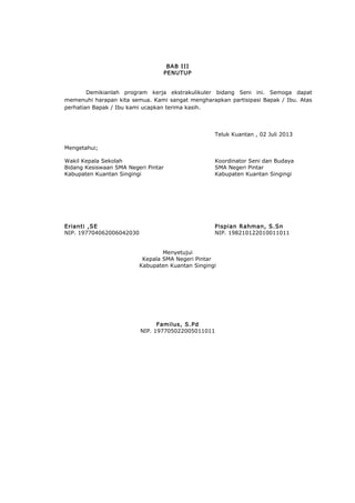 BAB III
PENUTUP
Demikianlah program kerja ekstrakulikuler bidang Seni ini. Semoga dapat
memenuhi harapan kita semua. Kami sangat mengharapkan partisipasi Bapak / Ibu. Atas
perhatian Bapak / Ibu kami ucapkan terima kasih.

Teluk Kuantan , 02 Juli 2013
Mengetahui;
Wakil Kepala Sekolah
Bidang Kesiswaan SMA Negeri Pintar
Kabupaten Kuantan Singingi

Koordinator Seni dan Budaya
SMA Negeri Pintar
Kabupaten Kuantan Singingi

Erianti ,SE
NIP. 197704062006042030

Pispian Rahman, S.Sn
NIP. 198210122010011011
Menyetujui
Kepala SMA Negeri Pintar
Kabupaten Kuantan Singingi

Familus, S.Pd
NIP. 197705022005011011

 