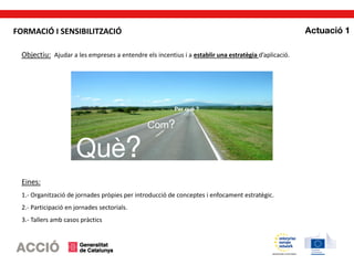 Objectiu: Ajudar a les empreses a entendre els incentius i a establir una estratègia d’aplicació.
Eines:
1.- Organització de jornades pròpies per introducció de conceptes i enfocament estratègic.
2.- Participació en jornades sectorials.
3.- Tallers amb casos pràctics
FORMACIÓ I SENSIBILITZACIÓ
 