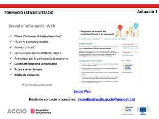Servei d’informació WEB
 Fitxes d’informació bàsica incentius*
 FAQ’S */ Exemples pràctics
 Novetats fiscals*
 Comunicació acords MINECO, ENAC’s
 Avantatges per la participació al programa.
 Calendari Programa comunicació
 Accés a servei Innova
 Bústia de consultes
*A través d’entitats acreditades ENAC
FORMACIÓ I SENSIBILITZACIÓ
 