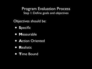 Program Evaluation Process
Step 1: Define goals and objectives
Objectives should be:
• Specific
• Measurable
• Action Oriented
• Realistic
• Time Bound