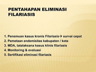 PENTAHAPAN ELIMINASI
  FILARIASIS



1. Penemuan kasus kronis Filariasis survai cepat
2. Pemetaan endemisitas kabupaten / kota
3. MDA, tatalaksana kasus klinis filariasis
4. Monitoring & evaluasi
5. Sertifikasi eliminasi filariasis
 