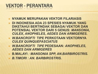 VEKTOR - PERANTARA

   NYAMUK MERUPAKAN VEKTOR FILARIASIS
   DI INDONESIA ADA 23 SPESIES NYAMUK YANG
    DIKETAHUI BERTINDAK SEBAGAI VEKTOR DAN
    POTENSIAL VEKTOR DARI 5 GENUS: MANSONIA,
    CULEX, ANOPHELES, AEDES DAN ARMIGERES.
   W.BANCROFTI TIPE PERKOTAAN VEKTORNYA
    CULEX QUINQUEFASCIATUS
   W.BANCROFTI TIPE PEDESAAN: ANOPHELES,
    AEDES DAN ARMIGERES
   B.MALAYI : MANSONIA SPP, AN.BARBIROSTRIS.
   B.TIMORI : AN. BARBIROSTRIS.
 