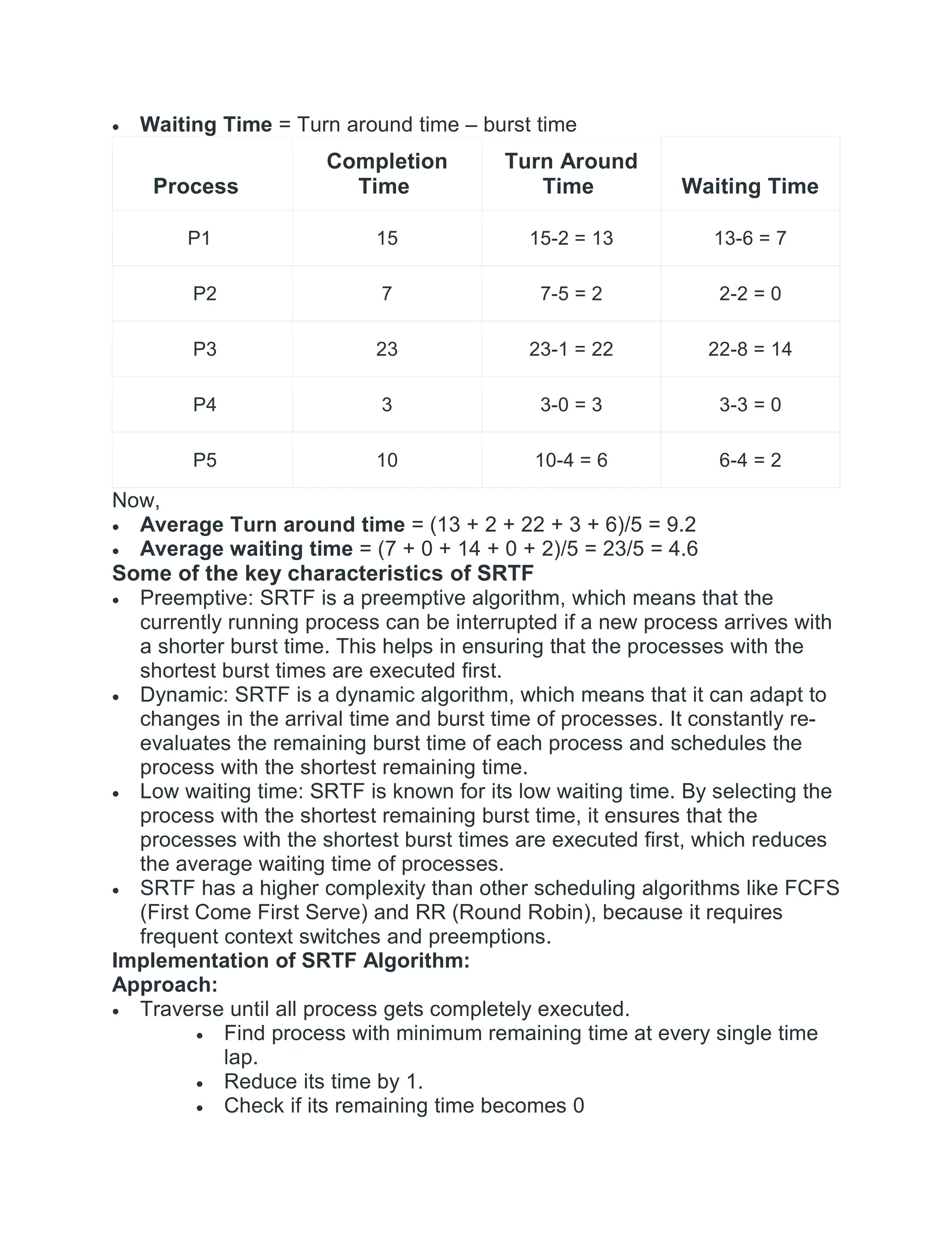  Waiting Time = Turn around time – burst time
Process
Completion
Time
Turn Around
Time Waiting Time
P1 15 15-2 = 13 13-6 = 7
P2 7 7-5 = 2 2-2 = 0
P3 23 23-1 = 22 22-8 = 14
P4 3 3-0 = 3 3-3 = 0
P5 10 10-4 = 6 6-4 = 2
Now,
 Average Turn around time = (13 + 2 + 22 + 3 + 6)/5 = 9.2
 Average waiting time = (7 + 0 + 14 + 0 + 2)/5 = 23/5 = 4.6
Some of the key characteristics of SRTF
 Preemptive: SRTF is a preemptive algorithm, which means that the
currently running process can be interrupted if a new process arrives with
a shorter burst time. This helps in ensuring that the processes with the
shortest burst times are executed first.
 Dynamic: SRTF is a dynamic algorithm, which means that it can adapt to
changes in the arrival time and burst time of processes. It constantly re-
evaluates the remaining burst time of each process and schedules the
process with the shortest remaining time.
 Low waiting time: SRTF is known for its low waiting time. By selecting the
process with the shortest remaining burst time, it ensures that the
processes with the shortest burst times are executed first, which reduces
the average waiting time of processes.
 SRTF has a higher complexity than other scheduling algorithms like FCFS
(First Come First Serve) and RR (Round Robin), because it requires
frequent context switches and preemptions.
Implementation of SRTF Algorithm:
Approach:
 Traverse until all process gets completely executed.
 Find process with minimum remaining time at every single time
lap.
 Reduce its time by 1.
 Check if its remaining time becomes 0
 