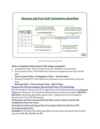 Shortest Job First Scheduling Algorithm
How to compute below times in SJF using a program?
 Completion Time: Time at which process completes its execution.
 Turn Around Time: Time Difference between completion time and arrival
time.
Turn Around Time = Completion Time – Arrival Time
 Waiting Time(W.T): Time Difference between turn around time and burst
time.
Waiting Time = Turn Around Time – Burst Time
Program for Non-Preemptive Shortest Job First CPU Scheduling
Non-Preemptive Shortest Job First algorithm can be implemented using Segment
Trees data structure. For detailed implementation of Non-Preemptive Shortest
Job First scheduling algorithm, please refer: Program for Non-Preemptive
Shortest Job First CPU Scheduling.
In this post, we have assumed arrival times as 0, so turn around and
completion times are same.
Examples to show working of Non-Preemptive Shortest Job First CPU
Scheduling Algorithm:
Example-1: Consider the following table of arrival time and burst time for five
processes P1, P2, P3, P4 and P5.
 