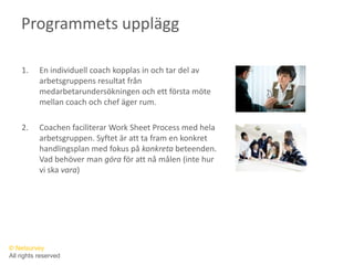 Programmets uppläggEn individuell coach kopplas in och tar del av arbetsgruppens resultat från medarbetarundersökningen och ett första möte mellan coach och chef äger rum.Coachen faciliterar Work Sheet Process med hela arbetsgruppen. Syftet är att ta fram en konkret handlingsplan med fokus på konkreta beteenden. Vad behöver man göra för att nå målen (inte hur vi ska vara)
