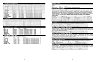 32 33
BLOOD PRESSURE SCREENINGS
Additional Information: Keep Track of your blood pressure numbers with this FREE service offered monthly.
Date Day Time Location
April 3,10, 2013 Wednesday 9am – 10:30am Senior Activities Room – Christiansburg Rec Center
April 17, 2013 Wednesday 9am – 10:00am Senior Activities Room – Christiansburg Rec Center
May 1,8, 2013 Wednesday 9am – 10:30am Senior Activities Room – Christiansburg Rec Center
Ma7 15, 2013 Wednesday 9am – 10:00am Senior Activities Room – Christiansburg Rec Center
June 5,12, 2013 Wednesday 9am – 10:30am Senior Activities Room – Christiansburg Rec Center
June 19, 2013 Wednesday 9am – 10:00am Senior Activities Room – Christiansburg Rec Center
July 3,10, 2013 Wednesday 9am – 10:30am Senior Activities Room – Christiansburg Rec Center
July 17, 2013 Wednesday 9am – 10:00am Senior Activities Room – Christiansburg Rec Center
August 7,14 2013 Wednesday 9am – 10:30am Senior Activities Room – Christiansburg Rec Center
August 21, 2013 Wednesday 9am – 10:00am Senior Activities Room – Christiansburg Rec Center
September 4,11, 2013 Wednesday 9am – 10:30am Senior Activities Room – Christiansburg Rec Center
September 18 Wednesday 9am – 10:00am Senior Activities Room – Christiansburg Rec Center
BLOOD DRIVE
Additional Information: Give the gift of Life. Call 1-800-GIVELIFE to schedule an appointment
Date Day Time Location
May 8, 2013 Wednesday 11am – 5pm Christiansburg Rec Center – Court C
June 3, 2013 Monday 9am – 3pm Christiansburg Rec Center – Court C
July 10, 2013 Wednesday 11am – 5pm Christiansburg Rec Center – Court C
August 5, 2013 Monday 9am – 3pm Christiansburg Rec Center – Court C
September 11, 2013 Wednesday 11am – 5pm Christiansburg Rec Center – Court C
CAREGIVER SUPPORT GROUP MEETING
Date Day Time Location
April 17, 2013 Wednesday 12:30 – 2pm Christiansburg Rec Center – Sr. Lounge
May 15, 2013 Wednesday 12:30 – 2pm Christiansburg Rec Center – Sr. Lounge
June 19, 2013 Wednesday 12:30 – 2pm Christiansburg Rec Center – Sr. Lounge
July 17, 2013 Wednesday 12:30 – 2pm Christiansburg Rec Center – Sr. Lounge
August 21, 2013 Wednesday 12:30 – 2pm Christiansburg Rec Center – Sr. Lounge
September 18, 2013 Wednesday 12:30 – 2pm Christiansburg Rec Center – Sr. Lounge
COFFEE HOUR/ GOSPEL SING
Additional Info: Mary Dotson leads an inspirational sing-a-long.
Date Day Time Location
April 2, 2013 Tuesday 10am Senior Activities Room – Christiansburg Rec Center
May 14, 2013 Tuesday 10am Senior Activities Room – Christiansburg Rec Center
June 11, 2013 Tuesday 10am Senior Activities Room – Christiansburg Rec Center
July 9, 2013 Tuesday 10am Senior Activities Room – Christiansburg Rec Center
August 13, 2013 Tuesday 10am Senior Activities Room – Christiansburg Rec Center
September 10, 2013 Tuesday 10am Senior Activities Room – Christiansburg Rec Center
INTERNET USAGE
Additional Information: Internet access for senior citizens is available Monday – Friday from 8am-5pm, unless there is a program in
progress.
Day Time Location
Monday – Friday 8am – 5pm Senior Activities Room – Christiansburg Rec Center
MEDICARE: SIMPLE AS A B C & D
Additional Info: Each month more than 150,000 Americans become eligible for Medicare by turning 65 or because of disability.
Many have no idea how the Medicare health plan works nor understand what their options are for coverage. This course, given by a
licensed Humana Agent, explains Medicare and the coverage options available including: Supplements, Advantage Plans and Part D
Prescription Drug Coverage. This information can help you make smarter choices as to the most cost effective and best Medicare
health plan and options for you. This course is for anyone on or soon to be on Medicare, as well as caregivers of those on Medicare.
Instructor: Linda Walker. This event is only for educational purposes and no plan specific benefits or details will be shared.
Must Pre Register.
Registration Eligibility Date Time TR/NR Location
April 15-May 1 50 & over Saturday, May 4 10:00am-12noon FREE Sr. Act. Rm
April 15- May 29 50 & over Saturday, June 1 10:00am-12noon FREE Sr. Act. Rm
April 15- June 27 50 & over Saturday, July 6 10:00am-12noon FREE Sr. Act. Rm
April 15- July 30 50 & over Saturday, August 3 10:00am-12noon FREE Sr. Act. Rm
April 15- September 3 50 & over Saturday, September 7 10:00am-12noon FREE Sr. Act. Rm
PICKLEBALL
Additional Information: Pickleball is a combination of tennis and table tennis. Come out and join the fun!
Day Time Location
Tuesday/Thursday 8am – 10pm Christiansburg Rec Center – Court C
Wednesday 6:30pm – 8:30pm Christiansburg Rec Center – Court C
SENIOR AEROBICS - Instructor: Sonia Badillio
Additional Information: An ongoing low impact aerobics class designed for the more physical fir senior. Registration is required prior
to joining the class. As with any exercise regimen, we advise you to talk with your doctor before joining the class. Note: Class is free
with a valid membership otherwise $2 per class.
Date Day Time Location
Ongoing Monday, Wednesday, Friday 10:45am – 11:45am MPRM 2
SENIOR MOTIONS – Instructor: Sonia Badillio
Additional Information: A less strenuous chair level exercise class designed for seniors who may have physical limitations.
Registration is required prior to joining the class. As with any exercise regimen, we advise you to talk with your doctor before joining
the class. Note: Class is free with a valid membership otherwise $2 per class.
Date Day Time Location
Ongoing Monday, Wednesday, Friday 10:45am - 11:45am MPRM 2
SENIOR PICKUP BASKETBALL
Additional Information: Join in a game of pickup basketball with fellow senior for some fun, exercise and friendly competition.
Date Day Time Location
Ongoing Monday, Wednesday 7pm – 9pm Christiansburg Rec Center Court D
Ongoing Friday 12noon – 2pm Christiansburg Rec Center Court D
SENIOR BILLIARDS
Additional Information: The senior billiard room is available for play, except during lessons, tournaments or special events. Billiard
room is locked after 5pm M-F and weekends, if you are a senior and would like to access after-hours, please contact the Recreation
Supervisor on duty at the front counter.
Date Day Time Location
Ongoing Monday, Friday 8am – 5pm Billiard Room
 