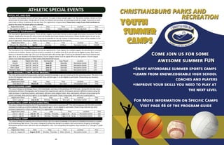 46 47
ATHLETIC SPECIAL EVENTS
PITCH, HIT, AND RUN
This event is the baseball version of Punt, Pass, and Kick. It is open to boys and girls ages 7-14. The events include a timed run from
second base to home plate, hitting balls off of tees for distance and accuracy, and pitching six balls at a target. Top scores in each
event have a chance to advance to the next level. Pre-registration is appreciated. Please have a copy of your birth certificate on
hand at the event. No metal spikes are allowed.
Registration Dates Date Days Time Location Fees
Pre-register by April 4 April 5 Friday 6:00pm (sharp) Kiwanis Big Field Free
CORNHOLE TOURNAMENT
This tournament guarantees 4 games. There will be a 3 game round robin format to seed a single-elimination tournament for both
leagues. Registration fee pays for entry in both the doubles and drawn doubles tournament. Drawn doubles teams are set-up by
randomly drawing names for the teams. Prizes will be awarded for the top 3 places in both divisions. Rules will be available at the
time of registration. Must have 10 teams in the division to proceed with the tournament.
Registration Dates Date Days Time Location Fees
February 18 – March 29 April 6 Saturday 10:00am Recreation Center $10.00
ADULT VOLLEYBALL TOURNAMENT
This tournament has 4 potential leagues that can be registered for. If you register for multiple leagues, we will attempt to schedule
so there are no forfeits. Rosters must be turned in complete on or before June 22 or you will not be eligible to play. Must have 4
teams in a division to make it go. This is a 6 on 6 format with rally scoring. Ages 14 and up are allowed in the Church division and
ages 18 an up are allowed in the Open Divisions. Church League rosters must be signed off on by their pastors. Church League
rosters must only have people on their rosters that attend their church.
Leagues Registration Date Starting Date Days Played Location Fees
Church April 29 - June 14 June 22 Saturday Recreation Center $75
Co-ed Open April 29 - June 14 June 22 Saturday Recreation Center $75
Men’s Open April 29 - June 14 June 22 Saturday Recreation Center $75
Women’s Open April 29 - June 14 June 22 Saturday Recreation Center $75
FREE BASEBALL CLINIC W/CHS BASEBALL
This clinic will provide the fundamentals and basic baseball knowledge to get you tuned up for the upcoming season. The clinic is ran
by the CHS Baseball team and its coaching staff. Boys and Girls ages 5-14 are eligible to participate. Please bring any necessary
equipment with you.
Registration Dates Date Days Time Location Fees
Ends March 27 March 28 Thursday 6pm-9pm CHS Baseball Field Free
CHEERLEADING CAMP
This camp is being run by Morgan Sisson, CHS cheerleader, and some of the girls/boys off of the team. During this four day camp,
participants will learn choreography and technique from experienced coaches. Participants will learn different motions using the
right technique. Using these motions, participants will learn many original cheers. Also, participants will learn jumps showing the
correct technique. Boys and Girls ages 6-14 are eligible to participate. Please bring proper attire with you to participate in.
Registration Dates Date Days Time Location Fees
June 3 - July 12 July 15-18 Monday - Thursday 9am-1pm Recreation Center $20
BASKETBALL CAMP W/CHS BASKETBALL
This camp is being instructed by the CHS Boys Basketball team and its coaching staff. They will provide you with the drills and skills
necessary to make you a better ballplayer. Boy and girls ages 5-16 are eligible to participate. Please bring a ball and any other
necessary equipment or attire you may need. Pre-registration is encouraged.
Registration Dates Date Days Time Location Fees
June 3 – July 19 July 22 – 25 Monday - Thursday Ages 5-10 9a-1p Recreation Center $20
June 3 – July 19 July 22 – 25 Monday - Thursday Ages 11-16 2p-6p Recreation Center $20
VOLLEYBALL CAMP
This camp is being instructed by Pam and Austin DiIoia. Pam has a great knowledge of the game of Volleyball and Austyn is a player
at Christiansburg High School. This camp is designed to allow boys and girls to explore, learn and practice the game of volleyball.
Participants will learn basic skills and rules of volleyball in a fun, non-competitive atmosphere. Boys and Girls in 3rd
through 5
th
grade
are eligible.
Registration Dates Date Days Time Location Fees
July 15 – August 16 August 19-22 Monday - Thursday 10am-12noon Recreation Center $20
 