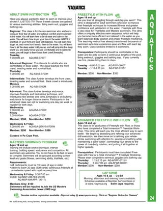 A
aDULt sWiM iNstrUCtiON                                                 FreestYLe With FLOW
                                                                       ages 18 and up
Have you always wanted to learn to swim or improve your
                                                                       Are you tired of struggling through each lap you swim? This

                                                                                                                                         Q
strokes? JUST DO IT!!! These 9-week classes are geared
                                                                       clinic is designed for adult swimmers who wish to improve
to various swimming abilities. Bring swim suit, goggles and
                                                                       their freestyle technique for increased fitness and greater
bathing cap.
                                                                       confidence and satisfaction in the water. Freestyle with Flow
beginner: This class is for the non-swimmer who wishes to
conquer their fear of water, and achieve comfort and movement
                                                                       is also ideal for Triathletes and Masters swimmers. The clinic
                                                                       offers a uniquely effective swim sequence, which will help
                                                                       you become more efficient and relaxed in the water as you
                                                                                                                                         U
                                                                                                                                         A
in the water. You will learn how to be at ease and calm in the
water. You will learn how to put your face in the water HAPPILY,       learn balanced body position and proper freestyle mechanics.
and float on your front and back with balance. You will learn how      This teaching method has already transformed thousands of


                                                                                                                                         T
to get air, and move from here to there in the water. You will learn   swimmers who now experience ease and flow with each lap
how to let the deep water hold you up, and will jump into the deep     they swim. Class sections limited to 6 swimmers.


                                                                                                                                         I
end if you are ready! Once you are comfortable and in control in
water, you will begin to learn basic front crawl (freestyle).          prerequisites: Participants should be comfortable in the
tuesday                                                                water and be able to swim 2 continuous lengths of the pool.

                                                                                                                                         C
7:00-8:00 am          AQ-ASB-0700T                                     Bring swimsuit, goggles and bathing cap. If you currently
                                                                       use fins, please bring them to class.
advanced beginner: This class is for adults who are
comfortable in deep water. The class teaches the front
crawl, treading water and survival float.
thursday
                                                                       tuesday - 6:00-7:00 am
                                                                       tuesday - 1:15-2:15 pm
                                                                                                    AQ-FWF-0600T
                                                                                                    AQ-FWF-0115T                         S
7:00-8:00 am      AQ-ASAB-0700H                                        Member: $300      Non-Member: $350

intermediate: This class further develops the front crawl,
treading water and survival float. Back crawl is introduced.
Monday
7:00-8:00 am      AQ-ASI-0700M

advanced: This class further develops endurance,
improves freestyle and backstroke technique, and
introduces new strokes and turns. Emphasis is on building
endurance for longer distance swims. Participants in the
advanced class can opt for swimming one day per week or
register for both days.
Wednesday
7:00-8:00 am       AQ-ASA-0700W
Friday
7:00-8:00am        AQ-ASA-0700F
Member: $160; Non-Member: $210
                                                                       aDVaNCeD FreestYLe With FLOW
Wednesday & Friday                                                     ages 18 and up
7:00-8:00 am  AQ-ASA-2DAYS-0700W                                       This class is for graduates of Freestyle with Flow, or those
                                                                       who have completed a Total Immersion™ Freestyle Work-
Member: $290           Non-Member: $360                                shop. This clinic will teach you the most efficient way to swim
                                                                       faster. We begin by assessing and refining your advanced
Classes in pa Cope pool.                                               drill execution. We then move on to refining your whole-
                                                                       stroke swimming with attention to: seamless breathing while
Masters sWiMMiNg prOgraM                                               maintaining a solid “catch”; connecting your stroke to the
ages 18 and up                                                         power of core-body rotation; and putting it all together at
Training will include stroke technique, interval                       higher speeds.
training, building speed, endurance and competition. All
swimmers are welcome. You do not have to be fast or want               prerequisites: Participants must have completed Free-
to compete. Swimmers will be grouped according to their                style with Flow or a Total Immersion™ Freestyle Workshop.
level and goals (fitness, swimming ability, triathlete, etc.)          Please wear competitive swimsuit, goggles and bathing cap.
                                                                       thursday: 1:15-2:15 pm AQ-AFWF-0115H
requirements:                                                          thursday:      6:00-7:00 am AQ-AFWF-0600H
• All participants must be 18 years of age or older                    Member: $300        Non-Member: $350
• Ability to swim 20 laps (500 yards) continuous freestyle at
  a moderate speed with rapid recovery time.                           .
Wednesday & Friday: 5:30-7:00 am
                                                                                              Lap sWiM
                                                                                        ages 16 & up - Co-ed
CODE: AQ-MSP-AM-FEB (1011)
                                                                            Morning, afternoon and evening hours available.
      AQ-MSP-AM-APR (1011)
                                                                            Schedule available at Member Service Desk or
Members Only: $100                                                           at www.ryeymca.org     swim caps required.
swimmers will be required to join the Us Masters
swimming Association (www.UsMs.org).

             Denotes on-line registration available - sign up today @ www.ryeymca.org - Click on "register Online for Classes"
                                                                                                                                         24
We build strong kids, strong families, strong communities
 