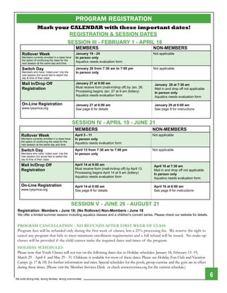 PROGRAM REGISTRATION
                  Mark your CALENDAR with these important dates!
                           registratiON & sessiON Dates
                                            sessiON iii - FebrUarY 1 - apriL 18
                                                   MeMbers                                             NON-MeMbers
     rollover Week                                 January 19 - 24                                     Not applicable
     Members currently enrolled in a class have    in person only
     the option of continuing the class for the
     next session at the same day and time.
                                                   Aquatics needs evaluation form

     switch Day                                    January 26 from 7:30 am to 7:00 pm                  Not applicable
     Members who have “rolled over” into the       in person only
     new session but would like to switch the
     day & time of their class.

     Mail in/Drop Off                              January 27 at 9:00 am                                January 29 at 7:30 am
     registration                                  Must receive form (mail-in/drop off) by Jan. 26.     Mail in and drop off not applicable
                                                   Processing begins Jan. 27 at 9 am (lottery)          in person only
                                                   Aquatics needs evaluation form                       Aquatics needs evaluation form

     On-Line registration                          January 27 at 6:00 am                                January 29 at 6:00 am
     www.ryeymca.org                               See page 8 for details                               See page 8 for instructions



                                                  sessiON iV - apriL 19 - JUNe 21
                                                   MeMbers                                             NON-MeMbers
    rollover Week                                  april 5 - 11                                        Not applicable
    Members currently enrolled in a class have     in person only
    the option of continuing the class for the
    next session at the same day and time.
                                                   Aquatics needs evaluation form

    switch Day                                     april 13 from 7:30 am to 7:00 pm                    Not applicable
    Members who have “rolled over” into the        in person only
    new session but would like to switch the
    day & time of their class.

    Mail in/Drop Off                               april 14 at 9:00 am                                 april 16 at 7:30 am
    registration                                   Must receive form (mail-in/drop off) by April 13.   Mail in and drop off not applicable
                                                   Processing begins April 14 at 9 am (lottery)        in person only
                                                   Aquatics needs evaluation form                      Aquatics needs evaluation form

    On-Line registration                           april 14 at 6:00 am                                 april 16 at 6:00 am
    www.ryeymca.org                                See page 8 for details                              See page 8 for instructions



                                                 sessiON V - JUNe 26 - aUgUst 21
 registration: Members - June 16; (No rollover) Non-Members - June 18
 We offer a limited summer session including aquatics classes and a children's concert series. Please check our website for details.


 PROGRAM CANCELLATION - NO REFUNDS AFTER FIRST WEEK OF CLASS
 Program fees will be refunded only during the first week of classes, less a 25% processing fee. We reserve the right to
 cancel any program that fails to meet minimum enrollment requirements and a full refund will be issued. No make-up
 classes will be provided if the child cannot make the required dates and times of the program.
 HOLIDAY SCHEDULES
 Please note that Youth Classes will not run on the following dates due to Holiday schedules: January 18, February 13 -19,
 March 29 - April 4 and May 29 - 31. Childcare is available for most of these dates. Please see Holiday Fun Club and Vacation
 Camps (p. 17 & 18) for further information and rates. Special schedules for the pools, group exercise and the gym are in effect
 during these times. (Please visit the Member Services desk or check www.ryeymca.org for the current schedule.)

We build strong kids, strong families, strong communities
                                                                                                                                              6
 