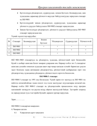 Програм хангамжийн төслийн менежмент
 
3 | Б о л о в с р у у л с а н б а г ш : Д . Ж а р г а л м а а  
 
• Бүтээгдэхүүн үйлдвэрлэдэг, суурилуулдаг, зохион бүтээдэг, боловсруулдаг, мөн
худалдсаны дараагаар үйлчилгээ явуулдаг байгууллагуудад зориулсан стандарт
нь ISO 9001
• Бүтээгдэхүүнийг зөвхөн үйлдвэрлэдэг, суурилуулдаг, худалдсаны дараагаар
үйлчилгээ үзүүлдэг байгууллагат ISO 9002 стандарт зориулагдсан.
• Зөвхөн бүтээгдэхүүн үйлдвэрлэдэг, үйлчилгээ үзүүлдэг байгууллагад ISO 9003
стандарт зориулагдсан юм.
Үүнийг хүснэгтээр харуулбал:
№ Стандарт Боловсруулдаг
Зохион
бүтээдэг
Үйлдвэрлэдэг Суурилуулдаг Үйлчилгээтэй
1 ISO 9001 + + + + +
2 ISO 9002 + + +
3 ISO 9003 + +
ISO 9001-9003 стандартууд нь үйлдвэрлэл, худалдаа, үйлчилгээний зэрэг бизнессийн
бүхий л салбарт ашиглаж болох чанарын удирдамж юм. Өөрөөр хэлбэл энэ 3 стандартыг
ашиглаж дэлхийн томоохон худалдан авагч нар чанар хангасан эсэхийг баримтлах үндсэн
заалт болохоос гадна автомашин үйлдвэрлэгчид, үйлчилгээний салбарынхан зэрэг том
үйлдвэрлэгчид, худалдаачид үйлдвэрлэл, үйлчилгээндээ хэрэглэх болсон юм.
ISO 9000-3 стандарт
ISO 9000-3 стандарт нь 1991 онд батлагдсан. Үүний зарим нэг заалтууд нь ISO 9001-ээс
нийлээд ялгаатайгайгаас гадна нэмэлт хэд хэдэн заалтуудыг агуулдагаараа ялгаатай юм.
Өөрөөр хэлбэл ISO 9000-3 стандарт нь үйлдвэрлэлийн процессоосоо илүү програм
хангамжийг хөгжүүлэх тал руугаа иолүү ойрхон заалтуудтай байдаг. Эдгээрийг хооронд
нь харьцуулахын тулд тэдгээрийн бүтцийг дараахи зургаар харуулъяа.
Зураг…………..
ISO 9000-3 стандартын шаардлага
4. Чанарын систем
4.1 Удирдлагын үүрэг хаиуцлага
 