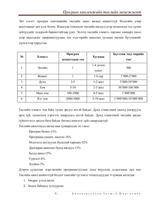 Програм хангамжийн төслийн менежмент
 
5 | Б о л о в с р у у л с а н б а г ш : Д . Ж а р г а л м а а  
 
Энэ хэсэгт програм хангамжийн төслийн ажил яагаад амжилтгүй болдгийн учир
шалтгааныг авч үзэх болно. Ялангуяа томоохон төслийн ажлууд дээр нөлөөлсөн гол хүчин
зүйлүүдийг тодорхой баримттайгаар үзнэ. Эхлээд төслийн хэмжээ, төрлөөс хамаарч төсөл
дээр ажилладаг прорамистуудын тоо тэдгээрийн ажиллах хугацаа ажлын бүтээмжийг
хүснэгтээр харуулъя.
№ Хэмжээ
Програм
зохиогчдын тоо
Хугацаа
Бүтээмж /код мөрийн
тоо/
1 Энгийн 1
1-4 долоо
хоног
500
2 Жижиг 1 1-6 сар 1’000-2’000
3 Дунд 2-5 1-2 жил 5’000-50’000
4 Том 5-10 2-3 жил 50’000-100’000
5 Маш том 100-1000 4-5 жил 1’000’000
6 Хэт том 2000-5000 5-10 жил 1’000’000-10’000’000
Төслийн хэмжээ том байх тусам эрсдэл ихтэй байдаг. Дунд хэмжээний төсөлд хөгжүүлэх
арга зүй, технологи хэрэглэх шаардлага ихтэй байдаг. Дунд хэмжээний төслийн ажлыг
гүйцэтгэхэд эрсдэл бага байдаг бөгөөд шинэлэг зүйл шаарддаггүй
Төслийн ажилтнууд ажлаа яаж хуваарилдаг вэ гэвэл:
Програм бичих-13%
Програмаа унших, шалгах-16%
Мэдээлэл цуглуулах бусадтай харьцах-32%
Дангаараа ажиллах бусад ажлууд-13%
Бусад ажил-15%
Сургалт-6%
Холбоо-5%
Дээрхи судалгааг мэргэжлийн програмистуудын дунд явуулсан судалгааны дүн юм.
Төслийн ажил амжилтгүй болдог хамгийн түгээмэл тохиолдлуудыг 6 хувааж ангилдаг.
1. Өөдрөг үзэлд автах
2. Бодит байдалд тулгуурлах
 