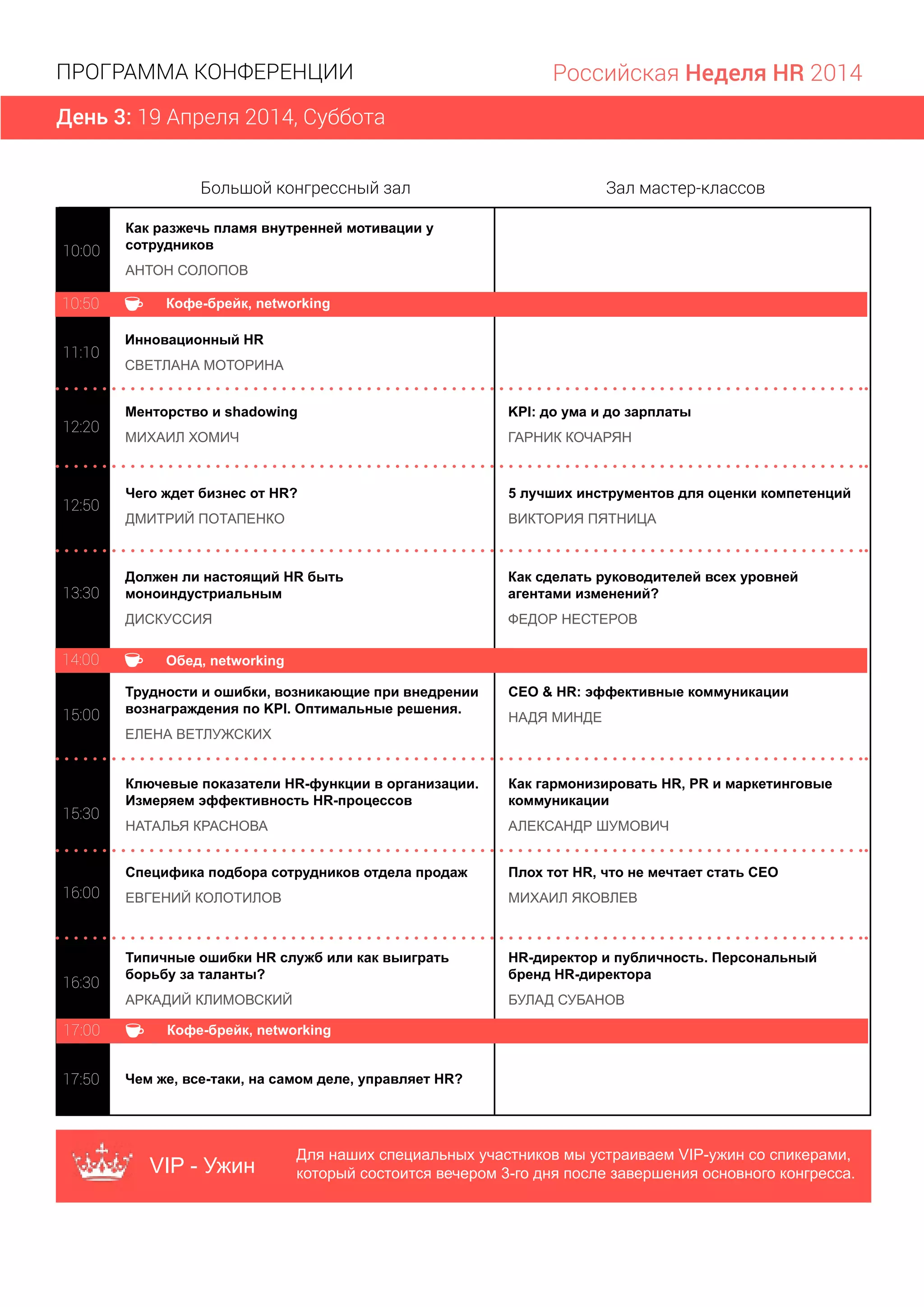 День 3: 19 Апреля 2014, Суббота
ПРОГРАММА КОНФЕРЕНЦИИ Российская Неделя HR 2014
10:00
Как разжечь пламя внутренней мотивации у
сотрудников
АНТОН СОЛОПОВ
15:00
13:4013:4013:4013:4013:4013:4013:4013:4013:4013:4013:4013:4013:4013:4013:4013:4013:4013:4013:4013:4013:4013:4013:4013:4013:4013:4013:4013:4013:4013:4013:4013:4013:40
16:30
Менторство и shadowing
МИХАИЛ ХОМИЧ
KPI: до ума и до зарплаты
ГАРНИК КОЧАРЯН
Чего ждет бизнес от HR?
ДМИТРИЙ ПОТАПЕНКО
5 лучших инструментов для оценки компетенций
ВИКТОРИЯ ПЯТНИЦА
Должен ли настоящий HR быть
моноиндустриальным
ДИСКУССИЯ
Как сделать руководителей всех уровней
агентами изменений?
ФЕДОР НЕСТЕРОВ
Трудности и ошибки, возникающие при внедрении
вознаграждения по KPI. Оптимальные решения.
ЕЛЕНА ВЕТЛУЖСКИХ
CEO & HR: эффективные коммуникации
НАДЯ МИНДЕ
Ключевые показатели HR-функции в организации.
Измеряем эффективность HR-процессов
НАТАЛЬЯ КРАСНОВА
Как гармонизировать HR, PR и маркетинговые
коммуникации
АЛЕКСАНДР ШУМОВИЧ
Специфика подбора сотрудников отдела продаж
ЕВГЕНИЙ КОЛОТИЛОВ
Плох тот HR, что не мечтает стать CEO
МИХАИЛ ЯКОВЛЕВ
Типичные ошибки HR служб или как выиграть
борьбу за таланты?
АРКАДИЙ КЛИМОВСКИЙ
HR-директор и публичность. Персональный
бренд HR-директора
БУЛАД СУБАНОВ
Чем же, все-таки, на самом деле, управляет HR?
11:10
12:20
12:50
13:30
15:30
16:00
17:50
Большой конгрессный зал Зал мастер-классов
Кофе-брейк, networking10:50
Обед, networking14:00
Кофе-брейк, networking17:00
Инновационный HR
СВЕТЛАНА МОТОРИНА
VIP - Ужин
Для наших специальных участников мы устраиваем VIP-ужин со спикерами,
который состоится вечером 3-го дня после завершения основного конгресса.
 