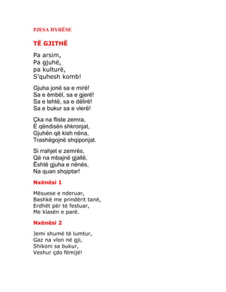 PJESA HYRËSE
TË GJITHË
Pa arsim,
Pa gjuhë,
pa kulturë,
S’quhesh komb!
Gjuha jonë sa e mirë!
Sa e ëmbël, sa e gjerë!
Sa e lehtë, sa e dëlirë!
Sa e bukur sa e vlerë!
Çka na fliste zemra,
E qëndisën shkronjat,
Gjuhën që kish nëna,
Trashëgojnë shqiponjat.
Si rrahjet e zemrës,
Që na mbajnë gjallë,
Është gjuha e nënës,
Na quan shqiptar!
Nxënësi 1
Mësuese e nderuar,
Bashkë me prindërit tanë,
Erdhët për të festuar,
Me klasën e parë.
Nxënësi 2
Jemi shumë të lumtur,
Gaz na vlon në gji,
Shikoni sa bukur,
Veshur çdo fëmijë!
 