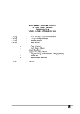 ATUR CARA MAJLIS KHATAM AL-QURAN 
SK KUALA KAUNG LANCHANG 
TAHUN 1435H / 2014 
TARIKH : 25.07.2014 / 27 RAMADHAN 1435H 
7.45 pagi : Murid berkumpul di Dewan Darun Nadwah 
8.00 pagi : Guru-guru mengambil tempat 
8.15 pagi : Ketibaan jemputan 
8.30 pagi : Majlis bermula 
· Aluan pengerusi 
· Majlis Khatam al-Quran 
· Ucapan Guru Besar 
· Ucapan / Persembahan Murid 
· Penyampaian sijil, cenderamata dan duit raya (sedekah) 
· Bacaan doa 
· Bersalam Raya/ Berselawat 
1.05 ptg : Bersurai 
8 
 