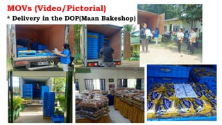 MOVs (Video/Pictorial)
* Delivery in the DOP(Maan Bakeshop)
 