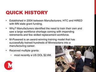 QUICK HISTORY
• Established in 2004 between Manufacturers, HTC and HIRED
with MN state grant funding.
• Why? Manufacturers identified the need to train their own and
saw a large workforce shortage coming with impending
retirements and few skilled replacement workforce.
• M-Powered is an award-winning training model that has
successfully trained hundreds of Minnesotans into a
manufacturing career.
• Received multiple grants:
• most recently a US DOL $2.6M.
 