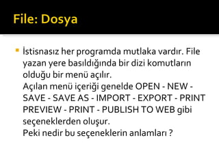 İstisnasız her programda mutlaka vardır. File yazan yere basıldığında bir dizi komutların olduğu bir menü açılır. Açılan menü içeriği genelde OPEN - NEW - SAVE - SAVE AS - IMPORT - EXPORT - PRINT PREVIEW - PRINT - PUBLISH TO WEB gibi seçeneklerden oluşur. Peki nedir bu seçeneklerin anlamları ? 