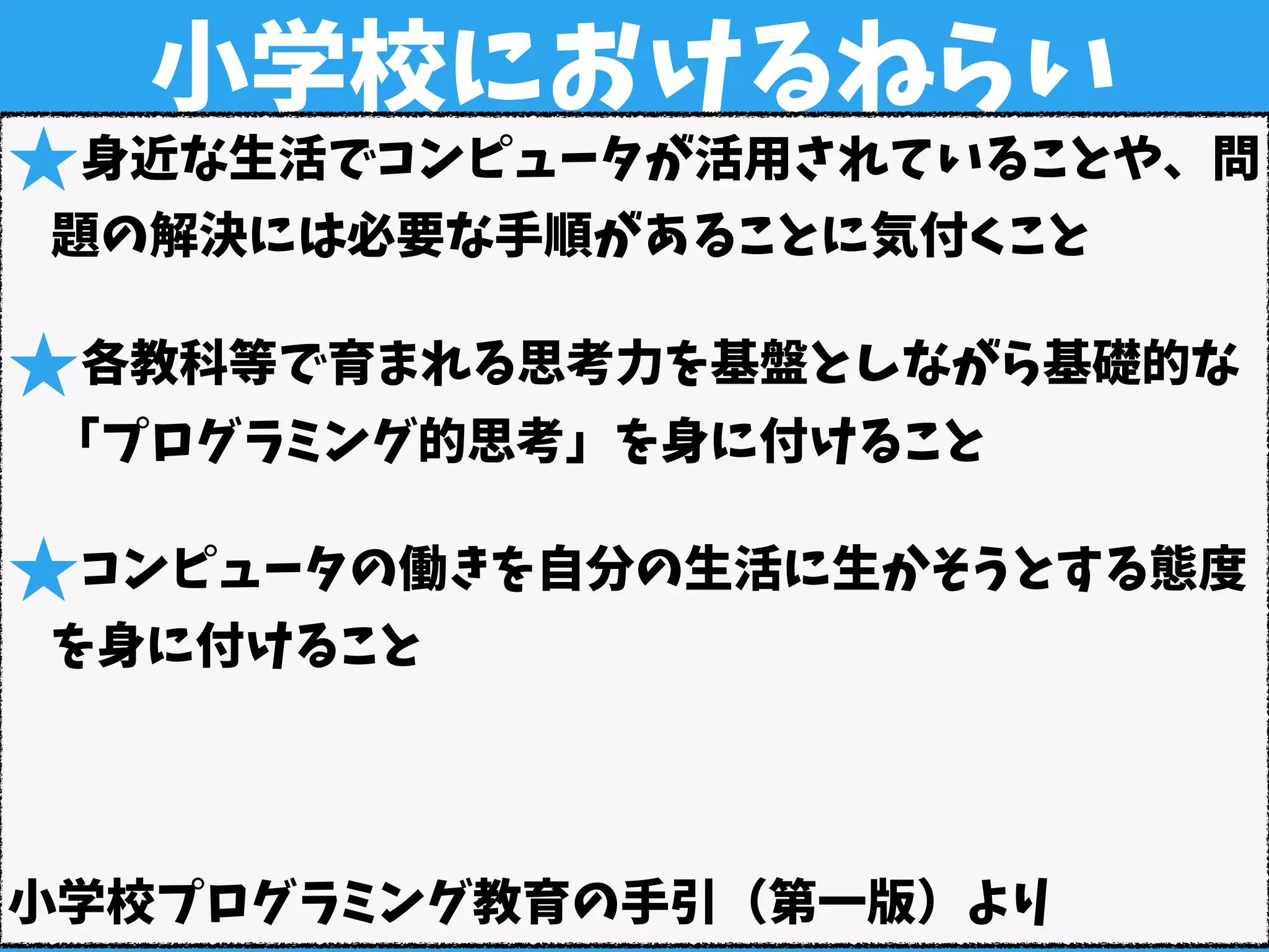 小学校におけるねらい
★身近な生活でコンピュータが活用されていることや、問
題の解決には必要な手順があることに気付くこと
★各教科等で育まれる思考力を基盤としながら基礎的な
「プログラミング的思考」を身に付けること
★コンピュータの働きを自分の生活に生かそうとする態度
を身に付けること
小学校プログラミング教育の手引（第一版）より
 