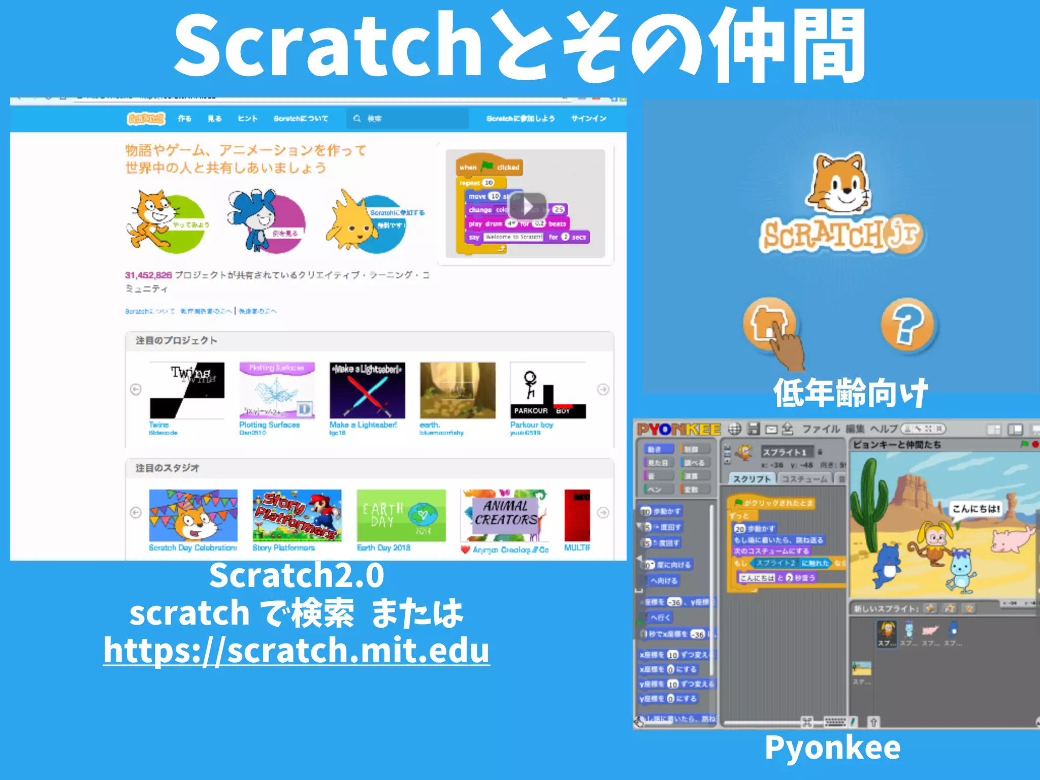 Scratchとその仲間
Scratch2.0
scratch で検索 または
https://scratch.mit.edu
Pyonkee
低年齢向け
 