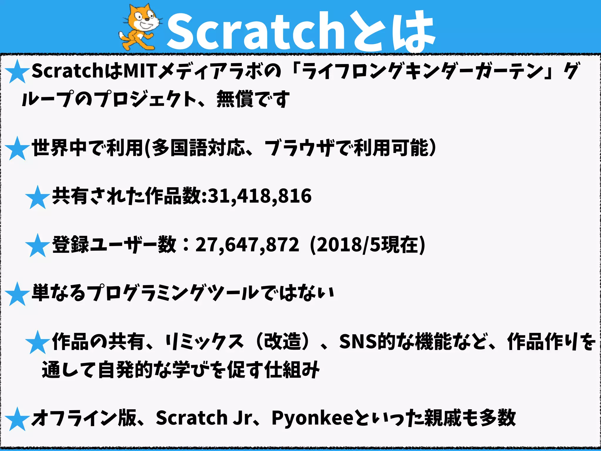 Scratchとは
★ScratchはMITメディアラボの「ライフロングキンダーガーテン」グ
ループのプロジェクト、無償です
★世界中で利用(多国語対応、ブラウザで利用可能）
★共有された作品数:31,418,816 
★登録ユーザー数：27,647,872 (2018/5現在)
★単なるプログラミングツールではない
★作品の共有、リミックス（改造）、SNS的な機能など、作品作りを
通して自発的な学びを促す仕組み
★オフライン版、Scratch Jr、Pyonkeeといった親戚も多数
 