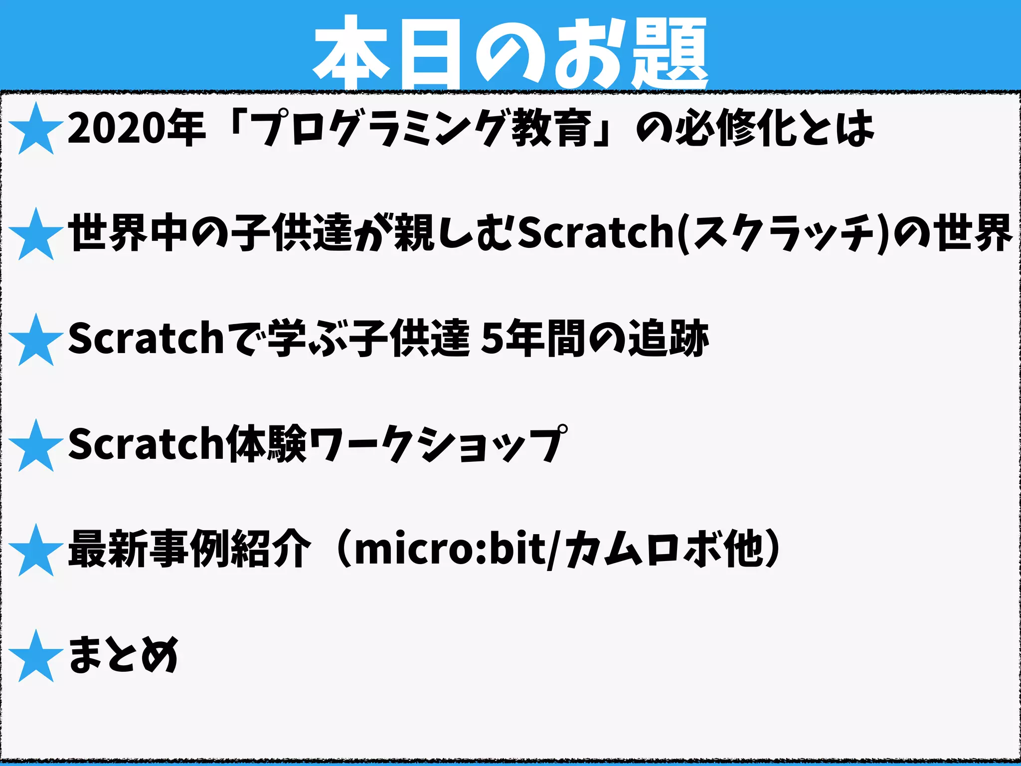 本日のお題
★2020年「プログラミング教育」の必修化とは
★世界中の子供達が親しむScratch(スクラッチ)の世界
★Scratchで学ぶ子供達 5年間の追跡
★Scratch体験ワークショップ
★最新事例紹介（micro:bit/カムロボ他）
★まとめ
 