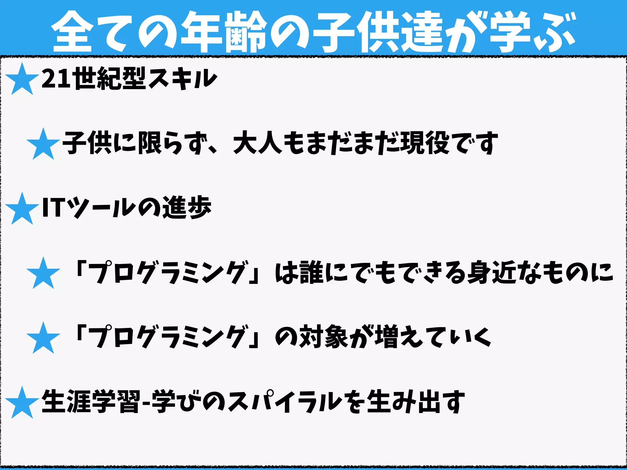 全ての年齢の子供達が学ぶ
★21世紀型スキル
★子供に限らず、大人もまだまだ現役です
★ITツールの進歩
★「プログラミング」は誰にでもできる身近なものに
★「プログラミング」の対象が増えていく
★生涯学習-学びのスパイラルを生み出す
 