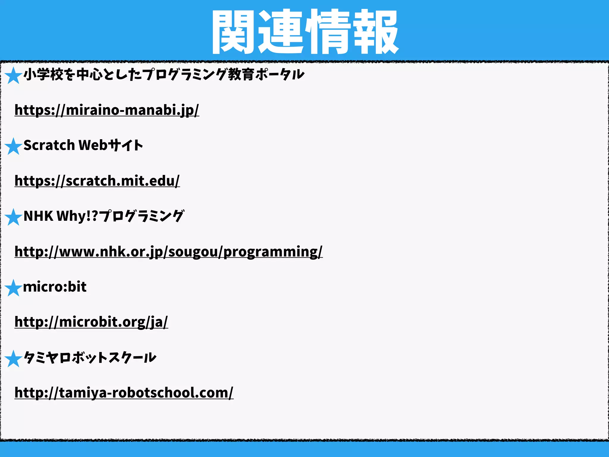 関連情報
★小学校を中心としたプログラミング教育ポータル
https://miraino-manabi.jp/
★Scratch Webサイト
https://scratch.mit.edu/
★NHK Why!?プログラミング
http://www.nhk.or.jp/sougou/programming/
★ｍicro:bit
http://microbit.org/ja/
★タミヤロボットスクール
http://tamiya-robotschool.com/
 