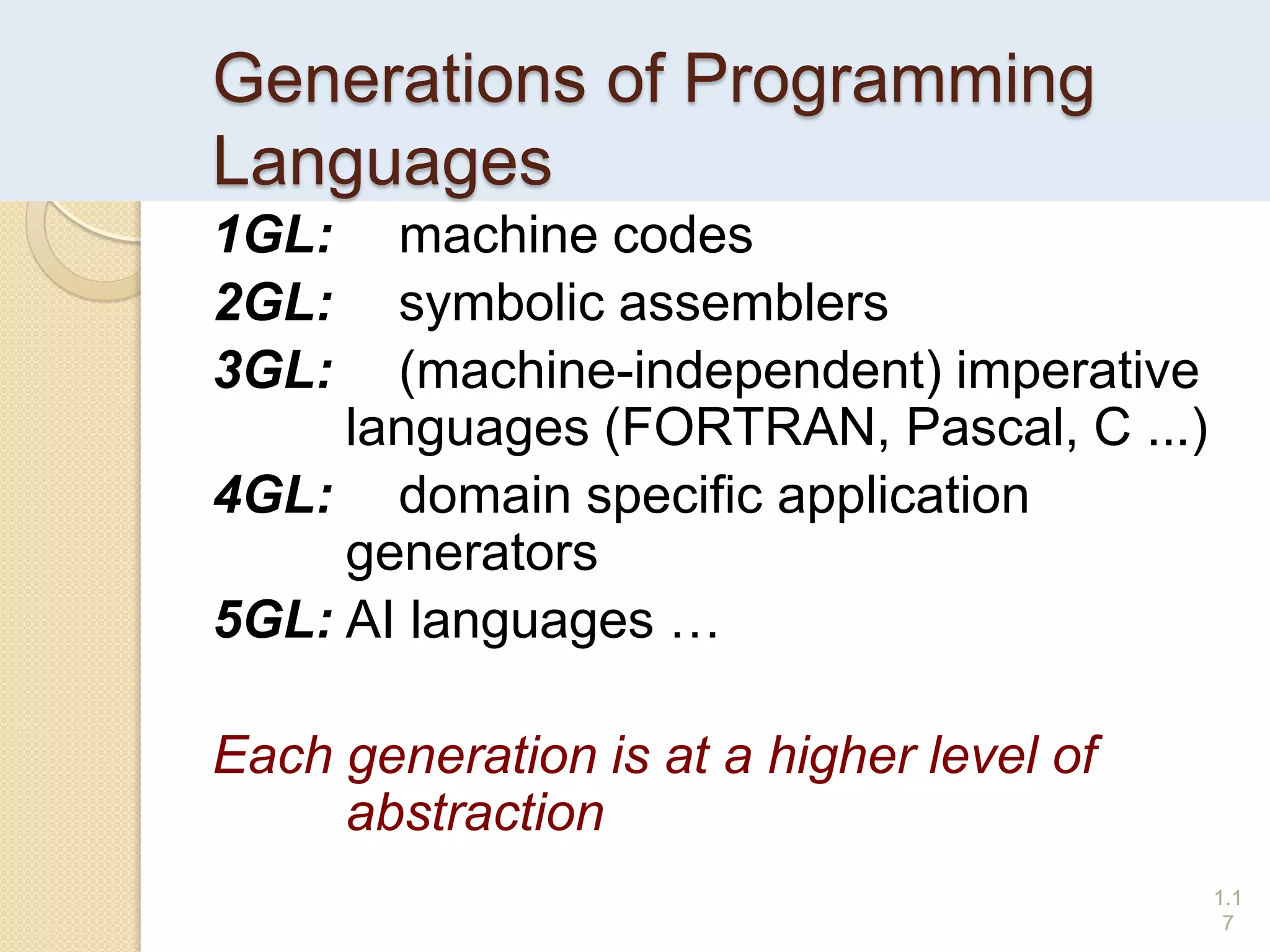 Generations of Programming
Languages
1GL: machine codes
2GL: symbolic assemblers
3GL: (machine-independent) imperative
languages (FORTRAN, Pascal, C ...)
4GL: domain specific application
generators
5GL: AI languages …
Each generation is at a higher level of
abstraction
1.1
7
 