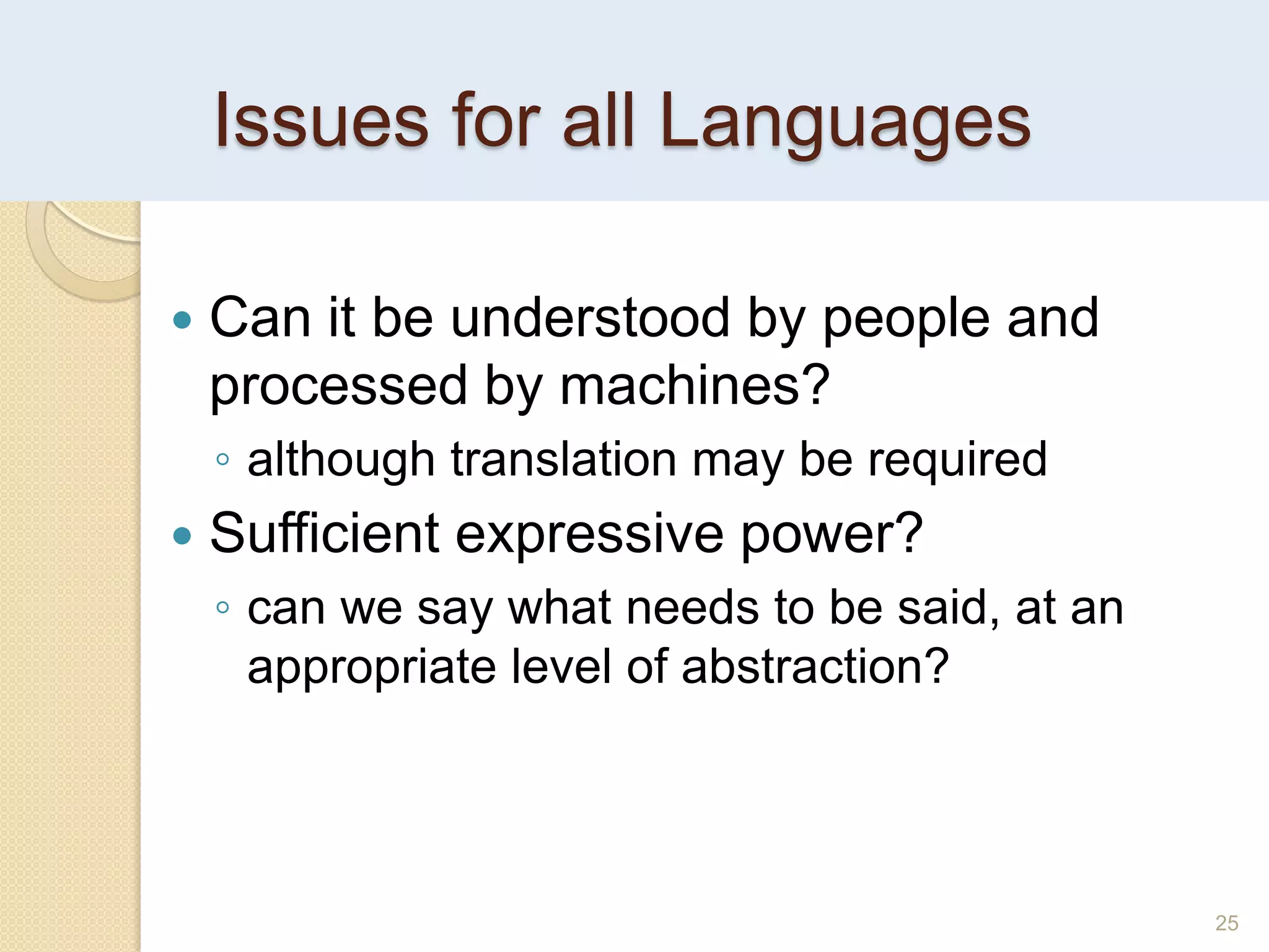 Issues for all Languages
25
 Can it be understood by people and
processed by machines?
◦ although translation may be required
 Sufficient expressive power?
◦ can we say what needs to be said, at an
appropriate level of abstraction?
 