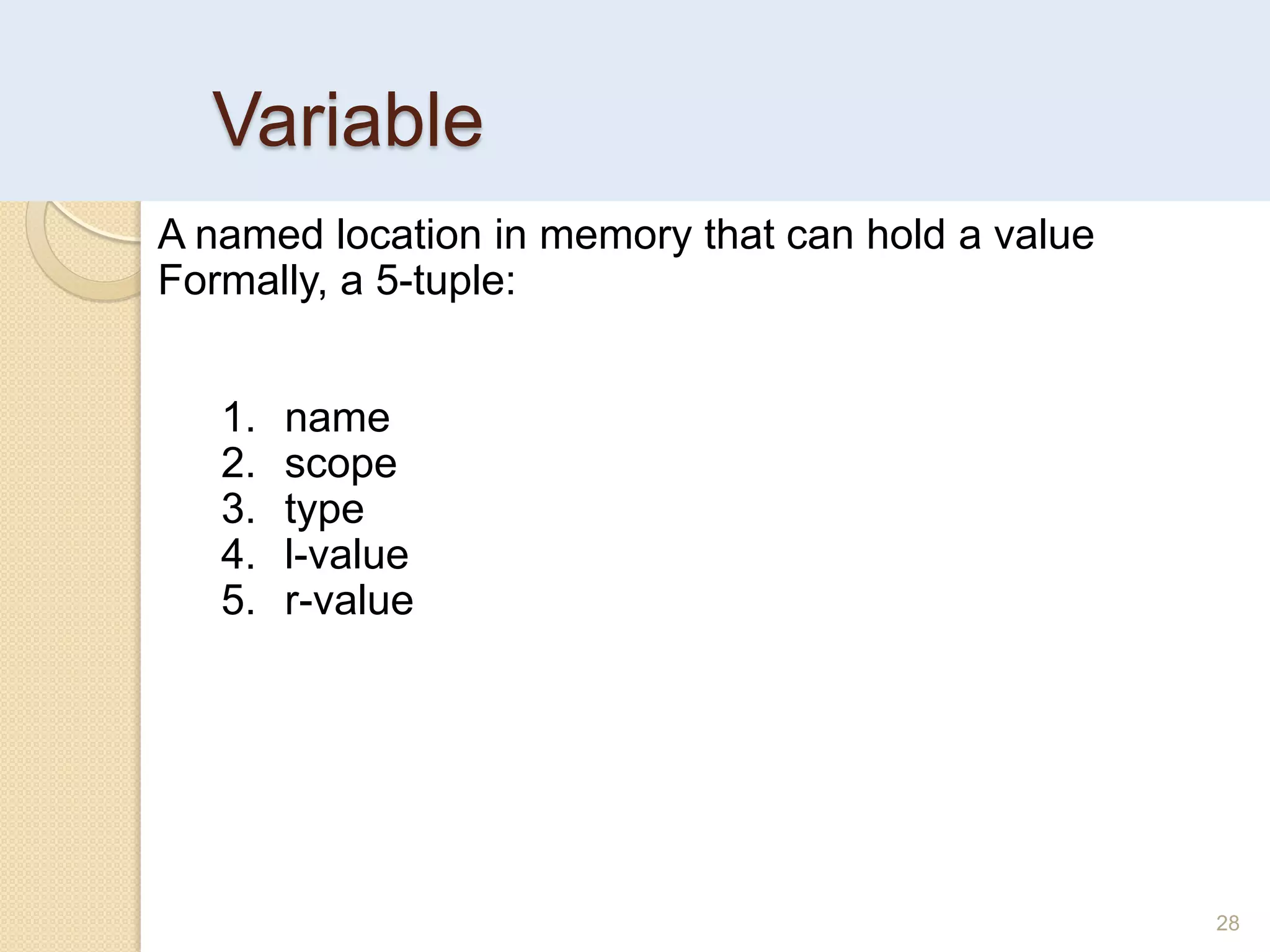 Variable
28
A named location in memory that can hold a value
Formally, a 5-tuple:
1. name
2. scope
3. type
4. l-value
5. r-value
 