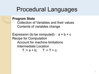 Procedural Languages
9
Program State
Collection of Variables and their values
Contents of variables change
Expression (to be computed) : a + b + c
Recipe for Computation
Account for machine limitations
Intermediate Location
T := a + b; T := T + c;
 