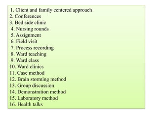 1. Client and family centered approach
2. Conferences
3. Bed side clinic
4. Nursing rounds
5. Assignment
6. Field visit
7. Process recording
8. Ward teaching
9. Ward class
10. Ward clinics
11. Case method
12. Brain storming method
13. Group discussion
14. Demonstration method
15. Laboratory method
16. Health talks
 