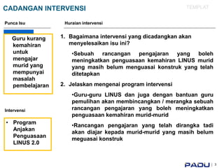 • Program
Anjakan
Penguasaan
LINUS 2.0
|
CADANGAN INTERVENSI
Huraian intervensi
1. Bagaimana intervensi yang dicadangkan akan
menyelesaikan isu ini?
•Sebuah rancangan pengajaran yang boleh
meningkatkan penguasaan kemahiran LINUS murid
yang masih belum menguasai konstruk yang telah
ditetapkan
2. Jelaskan mengenai program intervensi
•Guru-guru LINUS dan juga dengan bantuan guru
pemulihan akan membincangkan / merangka sebuah
rancangan pengajaran yang boleh meningkatkan
penguasaan kemahiran murid-murid
•Rancangan pengajaran yang telah dirangka tadi
akan diajar kepada murid-murid yang masih belum
meguasai konstruk
TEMPLAT
3
Punca Isu
Guru kurang
kemahiran
untuk
mengajar
murid yang
mempunyai
masalah
pembelajaran
Intervensi
 
