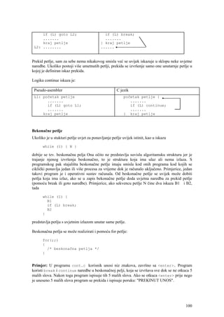 if (L) goto L2;                         if (L) break;
     .......                                 .......
     kraj petlje                           } kraj petlje
 L2: ........                              ......


Prekid petlje, sam za sebe nema nikakovog smisla već se uvijek iskazuje u sklopu neke uvjetne
naredbe. Ukoliko postoji više umetnutih petlji, prekida se izvršenje samo one unutarnje petlje u
kojoj je definiran iskaz prekida.

Logika continue iskaza je:

 Pseudo-asembler                                     C jezik
 L1: početak petlje                                       početak petlje {
       .......                                               .......
       if (L) goto L1;                                       if (L) continue;
       .......                                               .......
     kraj petlje                                          } kraj petlje



Bekonačne petlje
Ukoliko je u stukturi petlje uvjet za ponavljanje petlje uvijek istinit, kao u iskazu

      while (1) { N }

dobije se tzv. beskonačna pelja Ona očito ne predstavlja suvislu algoritamsku strukturu jer je
trajanje njenog izvršenja beskonačno, to je struktura koja ima ulaz ali nema izlaza. S
programskog pak stajališta beskonačne petlje imaju smisla kod onih programa kod kojih se
ciklički ponavlja jedan ili više procesa za vrijeme dok je računalo uključeno. Primjerice, jedan
takovi program je i operativni sustav računala. Od beskonačne petlje se uvijek može dobiti
petlja koja ima izlaz, ako se u zapis bekonačne petlje doda uvjetna naredba za prekid petlje
(pomoću break ili goto naredbe). Primjerice, ako sekvencu petlje N čine dva iskaza B1 i B2,
tada

      while (1) {
        B1
        if (L) break;
        B2
      }

predstavlja petlju s uvjetnim izlazom unutar same petlje.

Beskonačna petlja se može realizirati i pomoću for petlje:

      for(;;)
      {
        /* beskonačna petlja */
      }


Primjer: U programu cont.c korisnik unosi niz znakova, završno sa <enter>. Program
koristi break i continue naredbe u beskonačnoj pelji, koja se izvršava sve dok se ne otkuca 5
malih slova. Nakon toga program ispisuje tih 5 malih slova. Ako se otkuca <enter> prije nego
je uneseno 5 malih slova program se prekida i ispisuje poruku: "PREKINUT UNOS".




                                                                                            100
 