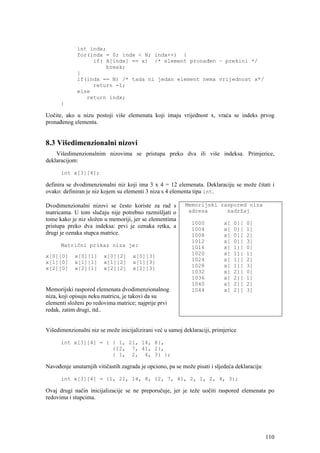 int indx;
             for(indx = 0; indx < N; indx++) {
                  if( A[indx] == x) /* element pronađen – prekini */
                      break;
             }
             if(indx == N) /* tada ni jedan element nema vrijednost x*/
                  return -1;
             else
                return indx;
      }

Uočite, ako u nizu postoji više elemenata koji imaju vrijednost x, vraća se indeks prvog
pronađenog elementa.


8.3 Višedimenzionalni nizovi
    Višedimenzionalnim nizovima se pristupa preko dva ili više indeksa. Primjerice,
deklaracijom:

      int x[3][4];

definira se dvodimenzionalni niz koji ima 3 x 4 = 12 elemenata. Deklaraciju se može čitati i
ovako: definiran je niz kojem su elementi 3 niza s 4 elementa tipa int.

Dvodimenzionalni nizovi se često koriste za rad s          Memorijski raspored niza
matricama. U tom slučaju nije potrebno razmišljati o        adresa      sadržaj
tome kako je niz složen u memoriji, jer se elementima
                                                              1000          x[   0][   0]
pristupa preko dva indeksa: prvi je oznaka retka, a           1004          x[   0][   1]
drugi je oznaka stupca matrice.                               1008          x[   0][   2]
                                                              1012          x[   0][   3]
      Matrični prikaz niza je:                                1016          x[   1][   0]
x[0][0]     x[0][1]     x[0][2]      x[0][3]                  1020          x[   1][   1]
x[1][0]     x[1][1]     x[1][2]      x[1][3]                  1024          x[   1][   2]
x[2][0]     x[2][1]     x[2][2]      x[2][3]                  1028          x[   1][   3]
                                                              1032          x[   2][   0]
                                                              1036          x[   2][   1]
                                                              1040          x[   2][   2]
Memorijski raspored elemenata dvodimenzionalnog               1044          x[   2][   3]
niza, koji opisuju neku matricu, je takovi da su
elementi složeni po redovima matrice; najprije prvi
redak, zatim drugi, itd..


Višedimenzionalni niz se može inicijalizirani već u samoj deklaraciji, primjerice

      int x[3][4] = { { 1, 21, 14, 8},
                      {12, 7, 41, 2},
                      { 1, 2, 4, 3} };

Navođenje unutarnjih vitičastih zagrada je opciono, pa se može pisati i sljedeća deklaracija:

      int x[3][4] = {1, 21, 14, 8, 12, 7, 41, 2, 1, 2, 4, 3};

Ovaj drugi način inicijalizacije se ne preporučuje, jer je teže uočiti raspored elemenata po
redovima i stupcima.




                                                                                                110
 