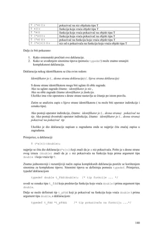 T   (*x)[];             pokazivač na niz objekata tipa T
      T   x();                funkcija koja vraća objekt tipa T
      T   *x()                funkcija koja vraća pokazivač na objekt tipa T
      T   (*x());             funkcija koja vraća pokazivač na objekt tipa T
      T   (*x)();             pokazivač na funkciju koja vraća objekt tipa T
      T   (*x[n])();          niz od n pokazivača na funkciju koja vraća objekt tipa T

Dalje će biti pokazano:

    1. Kako sistematski pročitati ove deklaracije.
    2. Kako se uvođenjem sinonima tipova (pomoću typedef) može znatno smanjiti
       kompleksnost deklaracija.

Deklaracija nekog identifikatora se čita ovim redom:

      Identifikator je (... desna strana deklaracije) (.. lijeva strana deklaracije)

      S desne strane identifikatora mogu biti uglate ili oble zagrade.
      Ako su uglate zagrade čitamo : identifikator je niz ,
      Ako su oble zagrade čitamo identifikator je funkcija.
      Ukoliko ima više operatora s desne strane nastavlja se čitanje po istom pravilu.

      Zatim se analizira zapis s lijeve strane identifikatora ( tu može biti operator indirekcije i
      oznaka tipa).

      Ako postoji operator indirekcije, čitamo: identifikator je (... desna strana) pokazivač na
      tip. Ako postoji dvostruki operator indirekcije, čitamo: identifikator je (... desna strana)
      pokazivač na pokazivač tip

      Ukoliko je dio deklaracije napisan u zagradama onda se najprije čita značaj zapisa u
      zagradama.

Primjerice, u deklaraciji

      T (*x[n])(double);

najprije se čita dio deklaracije (*x[n]) koji znači da je x niz pokazivača. Pošto je s desne strane
ovog izraza (double) znači da je x niz pokazivača na funkciju koja prima argument tipa
double i koja vraća tip T.

Znatno jednostavniji i razumljiviji način zapisa kompleksnih deklaracija postiže se korištenjem
sinonima za kompleksne tipove. Sinonimi tipova se definiraju pomoću typedef. Primjerice,
typedef deklaracijom

      typedef double t_Fdd(double);                /* tip funkcije ... */

uvodi se oznaka tipa t_fdd koja predstavlja funkciju koja vraća double i prima argument tipa
double.
Dalje se može definirati tip t_pFdd koji je pokazivač na funkciju koja vraća double i prima
argument tipa double, s deklaracijom:

      typedef t_Fdd *t_pFdd;               /* tip pokazivača na funkciju ...*/




                                                                                               140
 