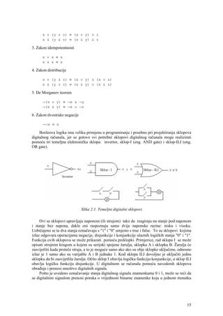 x ∨ (y ∨ z) ≡ (x ∨ y) ∨ z
      x & (y & z) ≡ (x & y) & z

3. Zakon idempotentnosti

      x ∨ x ≡ x
      x & x ≡ x

4. Zakon distribucije

      x ∨ (y & z) ≡ (x ∨ y) & (x ∨ z)
      x & (y ∨ z) ≡ (x & y) ∨ (x & z)

5. De Morganov teorem

      ¬(x ∨ y) ≡ ¬x & ¬y
      ¬(x & y) ≡ ¬x ∨ ¬z

6. Zakon dvostruke negacije

      ¬¬x ≡ x

     Booleova logika ima veliku primjenu u programiranju i posebno pri projektiranju sklopova
digitalnog računala, jer se gotovo svi potrebni sklopovi digitalnog računala mogu realizirati
pomoću tri temeljna elektronička sklopa: invertor, sklop-I (eng. AND gate) i sklop-ILI (eng.
OR gate).




                              Slika 2.1. Temeljni digitalni sklopovi

     Ovi se sklopovi upravljaju naponom (ili strujom) tako da reagiraju na stanje pod naponom
i stanje bez napona, dakle oni raspoznaju samo dvije naponske razine: nisku i visoku.
Uobičajeno se ta dva stanja označavaju s "1" i "0" umjesto s true i false. To su sklopovi kojima
izlaz odgovara operacijama negacije, disjunkcije i konjunkcije ulaznih logičkih stanja "0" i "1".
Funkcija ovih sklopova se može prikazati pomoću preklopki. Primjerice, rad sklopa I se može
opisati strujnim krugom u kojem su serijski spojene žarulja, sklopka A i sklopka B. Žarulja će
zasvijetliti kada proteče struja, a to je moguće samo ako ako su obje sklopke uključene, odnosno
izlaz je 1 samo ako su varijable A i B jednake 1. Kod sklopa ILI dovoljno je uključiti jednu
sklopku da bi zasvijetlila žarulja. Očito sklop I obavlja logičku funkciju konjunkcije, a sklop ILI
obavlja logičku funkciju disjunkcije. U digitalnom se računalu pomoću navedenih sklopova
obrađuje i prenosi mnoštvo digitalnih signala.
     Pošto je uvedeno označavanje stanja digitalnog signala znamenkama 0 i 1, može se reći da
se digitalnim signalom prenosi poruka o vrijednosti binarne znamenke koja u jednom trenutku




                                                                                                15
 