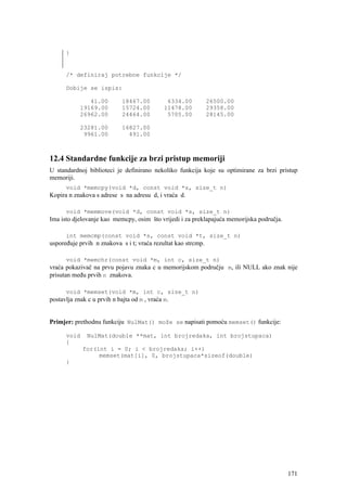 }


      /* definiraj potrebne funkcije */

      Dobije se ispis:

              41.00         18467.00         6334.00           26500.00
           19169.00         15724.00        11478.00           29358.00
           26962.00         24464.00         5705.00           28145.00

           23281.00         16827.00
            9961.00           491.00



12.4 Standardne funkcije za brzi pristup memoriji
U standardnoj biblioteci je definirano nekoliko funkcija koje su optimirane za brzi pristup
memoriji.
      void *memcpy(void *d, const void *s, size_t n)
Kopira n znakova s adrese s na adresu d, i vraća d.

      void *memmove(void *d, const void *s, size_t n)
Ima isto djelovanje kao memcpy, osim što vrijedi i za preklapajuća memorijska područja.

      int memcmp(const void *s, const void *t, size_t n)
uspoređuje prvih n znakova s i t; vraća rezultat kao strcmp.

      void *memchr(const void *m, int c, size_t n)
vraća pokazivač na prvu pojavu znaka c u memorijskom području m, ili NULL ako znak nije
prisutan među prvih n znakova.

      void *memset(void *m, int c, size_t n)
postavlja znak c u prvih n bajta od m , vraća m.


Primjer: prethodnu funkciju NulMat() može se napisati pomoću memset() funkcije:

      void    NulMat(double **mat, int brojredaka, int brojstupaca)
      {
             for(int i = 0; i < brojredaka; i++)
                  memset(mat[i], 0, brojstupaca*sizeof(double)
      }




                                                                                          171
 