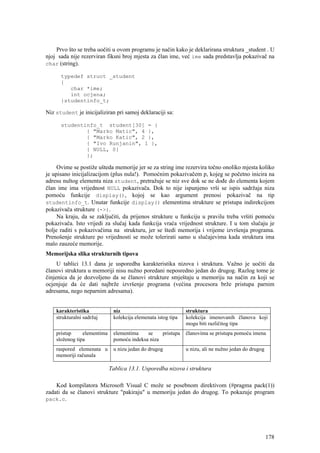 Prvo što se treba uočiti u ovom programu je način kako je deklarirana struktura _student . U
njoj sada nije rezerviran fiksni broj mjesta za član ime, već ime sada predstavlja pokazivač na
char (string).

      typedef struct _student
      {
         char *ime;
         int ocjena;
      }studentinfo_t;

Niz student je inicijaliziran pri samoj deklaraciji sa:

      studentinfo_t student[30] = {
              { "Marko Matic", 4 },
              { "Marko Katic", 2 },
              { "Ivo Runjanin", 1 },
              { NULL, 0}
              };

     Ovime se postiže ušteda memorije jer se za string ime rezervira točno onoliko mjesta koliko
je upisano inicijalizacijom (plus nula!). Pomoćnim pokazivačem p, kojeg se početno inicira na
adresu nultog elementa niza student, pretražuje se niz sve dok se ne dođe do elementa kojem
član ime ima vrijednost NULL pokazivača. Dok to nije ispunjeno vrši se ispis sadržaja niza
pomoću funkcije display(), kojoj se kao argument prenosi pokazivač na tip
studentinfo_t. Unutar funkcije display() elementima strukture se pristupa indirekcijom
pokazivača strukture (->).
     Na kraju, da se zaključiti, da prijenos strukture u funkciju u pravilu treba vršiti pomoću
pokazivača. Isto vrijedi za slučaj kada funkcija vraća vrijednost strukture. I u tom slučaju je
bolje raditi s pokazivačima na strukturu, jer se štedi memorija i vrijeme izvršenja programa.
Prenošenje strukture po vrijednosti se može tolerirati samo u slučajevima kada struktura ima
malo zauzeće memorije.
Memorijska slika strukturnih tipova
     U tablici 13.1 dana je usporedba karakteristika nizova i struktura. Važno je uočiti da
članovi struktura u memoriji nisu nužno poredani neposredno jedan do drugog. Razlog tome je
činjenica da je dozvoljeno da se članovi strukture smještaju u memoriju na način za koji se
ocjenjuje da će dati najbrže izvršenje programa (većina procesora brže pristupa parnim
adresama, nego neparnim adresama).


    karakteristika            niz                              struktura
    strukturalni sadržaj      kolekcija elemenata istog tipa   kolekcija imenovanih članova koji
                                                               mogu biti različitog tipa
    pristup     elementima    elementima    se    pristupa     članovima se pristupa pomoću imena
    složenog tipa             pomoću indeksa niza
    raspored elemenata u      u nizu jedan do drugog           u nizu, ali ne nužno jedan do drugog
    memoriji računala

                             Tablica 13.1. Usporedba nizova i struktura

    Kod kompilatora Microsoft Visual C može se posebnom direktivom (#pragma pack(1))
zadati da se članovi strukture "pakiraju" u memoriju jedan do drugog. To pokazuje program
pack.c.




                                                                                                      178
 